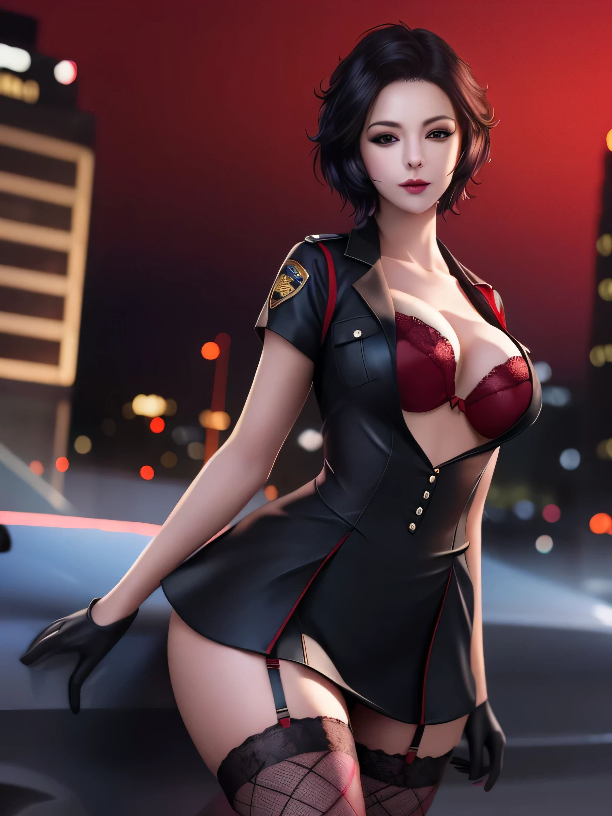 1girl,mature female,cityscape,night,looking at viewer,short hair,thighhighs,garter straps,bra,lingerie,gloves,fishnets,cleavage,uniform,red bra,police,short sleeves,shirt,skirt,black hair,