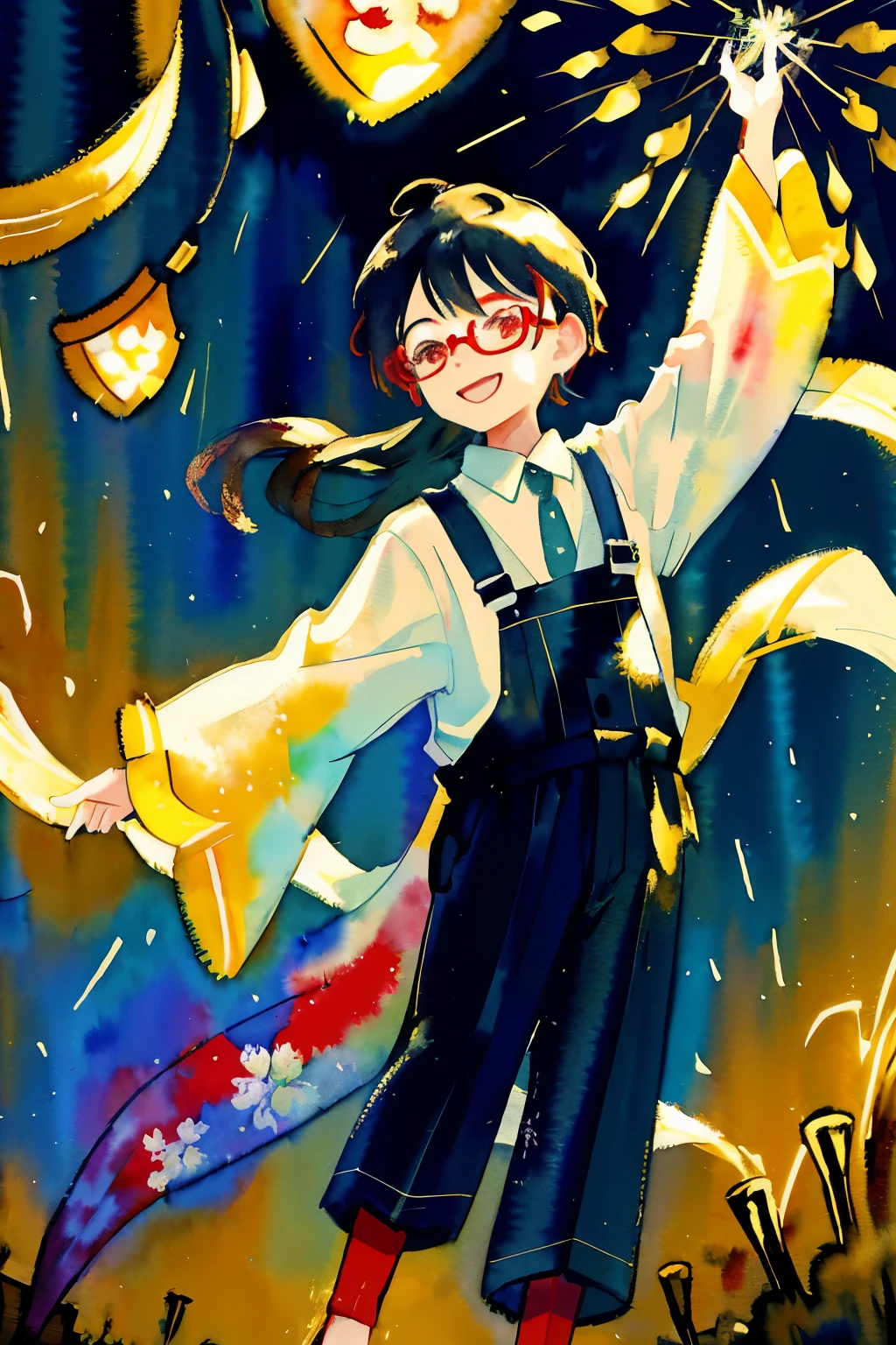 In the lively scene of the New Year celebration, a  with rimmed glasses is depicted in the foreground. The background is an intricate ink painting of swaying bamboo, evoking a sense of tranquility and tradition. Fireworks light up the night sky, painting it red and adding excitement to the atmosphere. The gentle wind carries with it the dampness of fresh rain, resulting in a watercolor effect that blends seamlessly with the ink drawing. The overall size of the image is 2:3.