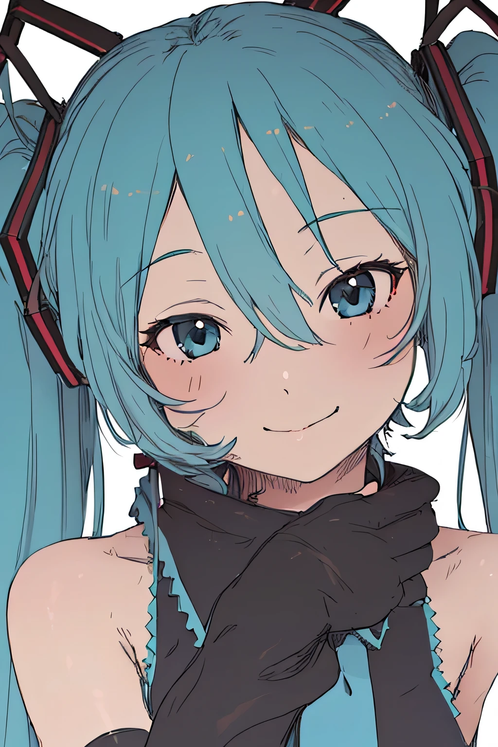 (highest quality, Masterpiece 1.2), become familiar with,1 girl, alone,looking at the viewer,simple background, , this,   Take-up, Upper body,  close-up
standing ,smile ,become familiar with eyes ,  become familiar with  face,realistic, adorable face , cute, hatsune miku, log eyelashes,  
 Elbow hand out of frame,    