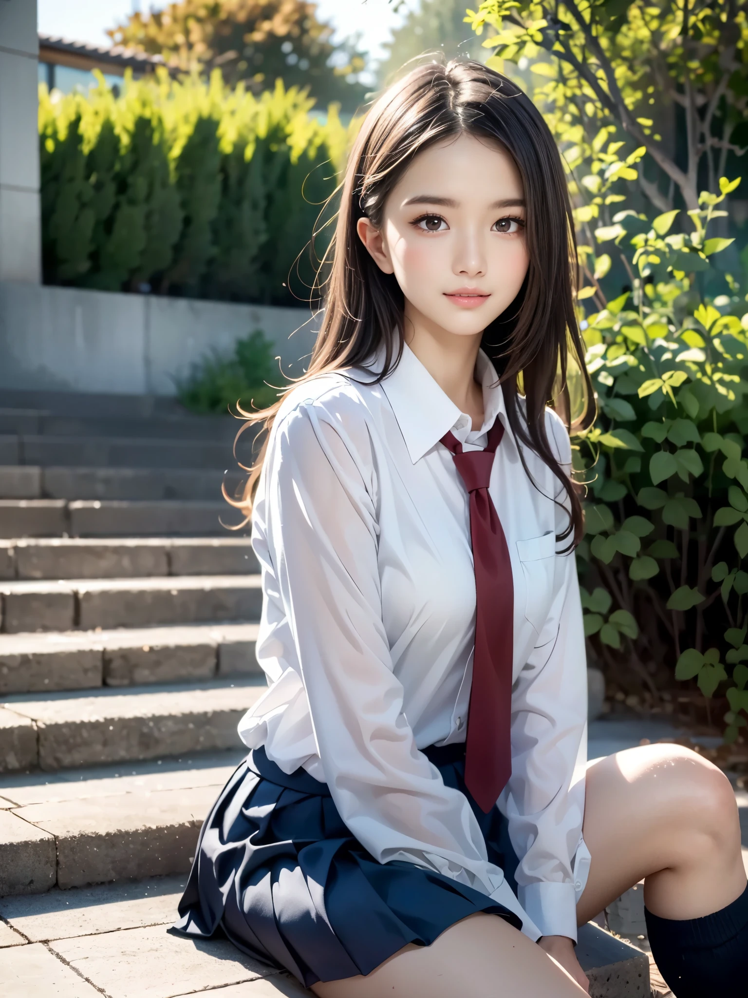 (best quality), (realistic, photo-realistic:1.3), (masterpiece:1.3), CG, unity, 32k, amazing, finely detail, ultra-detailed, highres, absurdres, ((ultra-detailed)), ((highly detailed CG illustration)), ((an extremely delicate and beautiful)), (cute delicate face), cinematic light, (1girl), solo, face focus, petals, night background, fireflies, light particle, Beautiful Woman, 20 years old, small breasts:1.3, Slender Figure: 1.1, Dark Brown Hair, (Sitting stairs),  (School uniform:1.4), Ultra Detailedstairs Face, Detailed Lips, Detailed Eyes, High ponytail hair, Necktie, Japanese idol:1.3, blush, smile, portrait:1.3, sharp focus photo:1.3