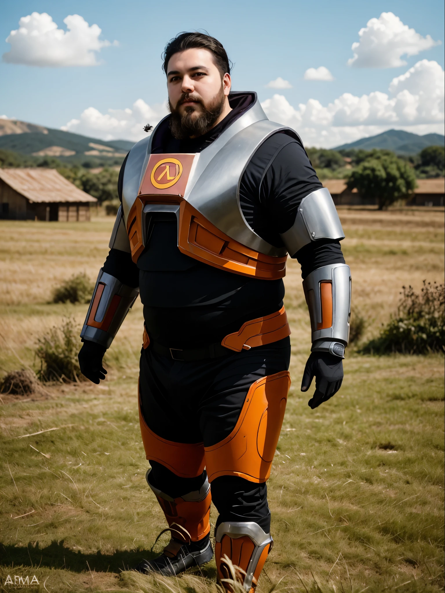 A strong chubby man with a long beard wearing Hevsuit Mk5 purple roxo standing on a grass field, pele realista, Tarde, armadura realista, materiais brilhantes, dramatic lighting, ultra realistic, armadura de fibra de carbono, Armadura Shine, papel de parede, intrincado, sharp focus, ray tracing, RTX, profissionalmente colorido, fotografia profissional, master part, ultra detalhado, alta qualidade, best quality, 4k, 8k, .RAW