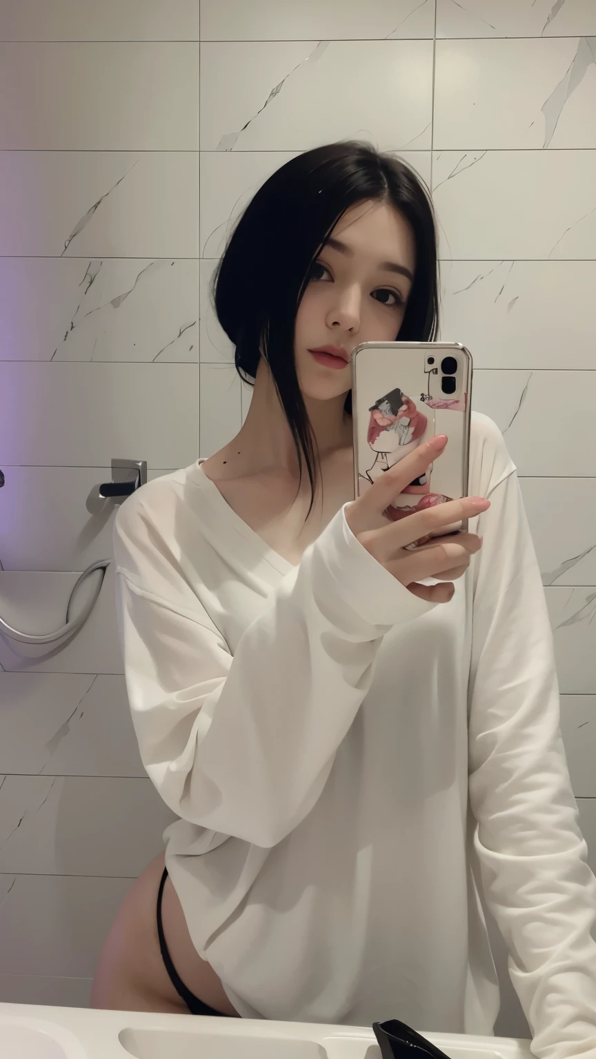 there is a woman taking a selfie in a bathroom mirror,  anime na vida real, pale porcelain white skin, she is holding a smartphone, selfie espelho, her hair is white, linda Delphine, pale snow white skin, pale fair skin!!, Ilya Kuvshinov com cabelo longo, Ulzzang, Anna Nikonova aka Newmilky, # Oc