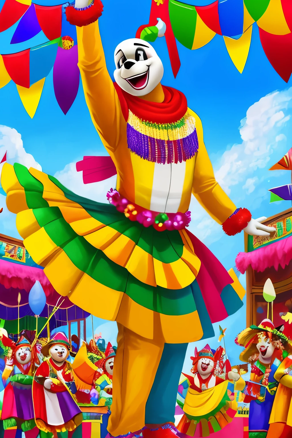 In the vibrant and lively background of this artwork, a bustling Brazilian carnival block comes to life. Elaborate decorations, adorned with streamers, balloons, flags, and intricate floats, create an enchanting atmosphere. People in colorful costumes, sans feathers, dance and revel in the joy and enthusiasm of the celebration. In the foreground, a man lies on a sofa, fully immersed in the festivities. His jovial expression and relaxed posture radiate happiness.
The artwork masterfully captures the dynamic and festive atmosphere of the carnival, with the man's joyous mood perfectly conveying the emotion and spirit of