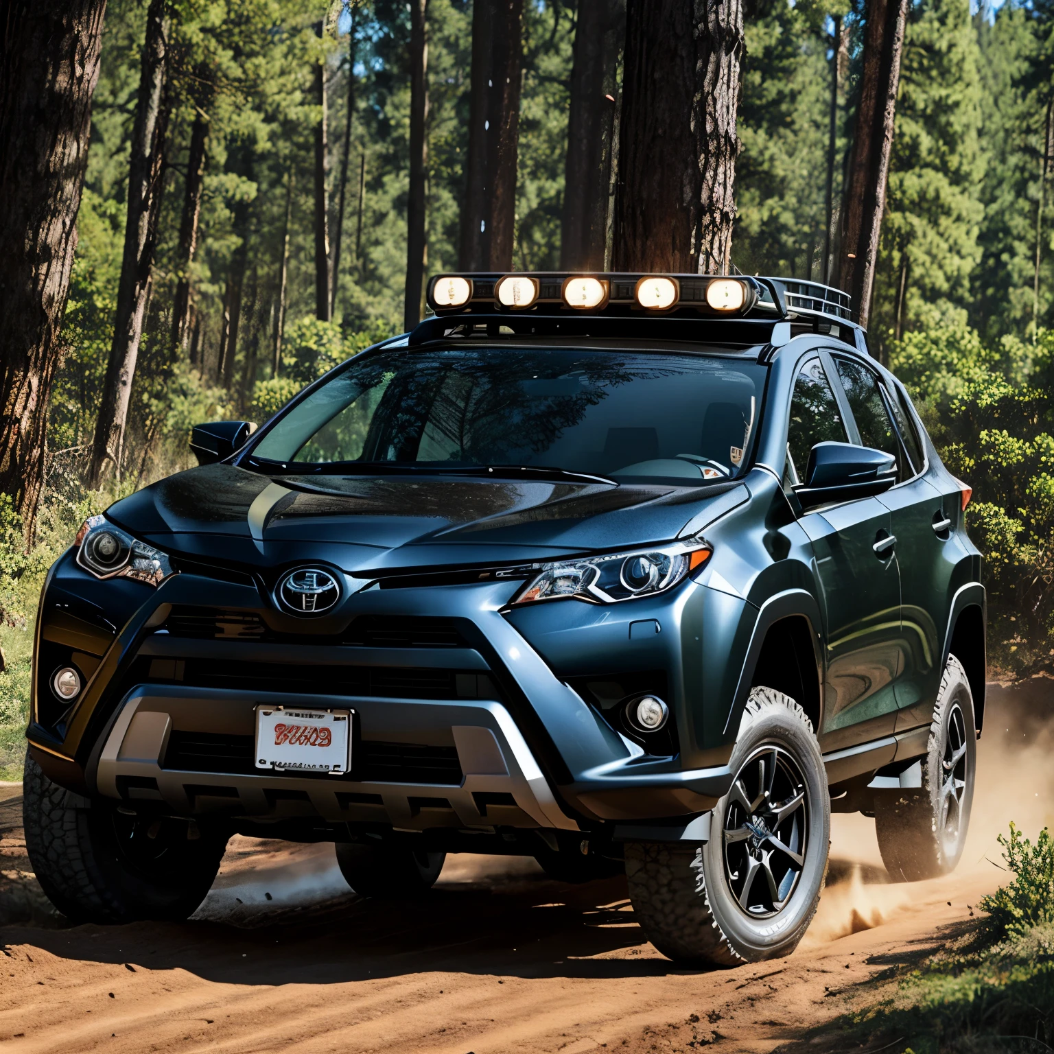 2013 Toyota RAV4, tactical black paint, armored car, off road, forest, off-road suspension, off road tires, mud, dirt, trees, rocks, moss