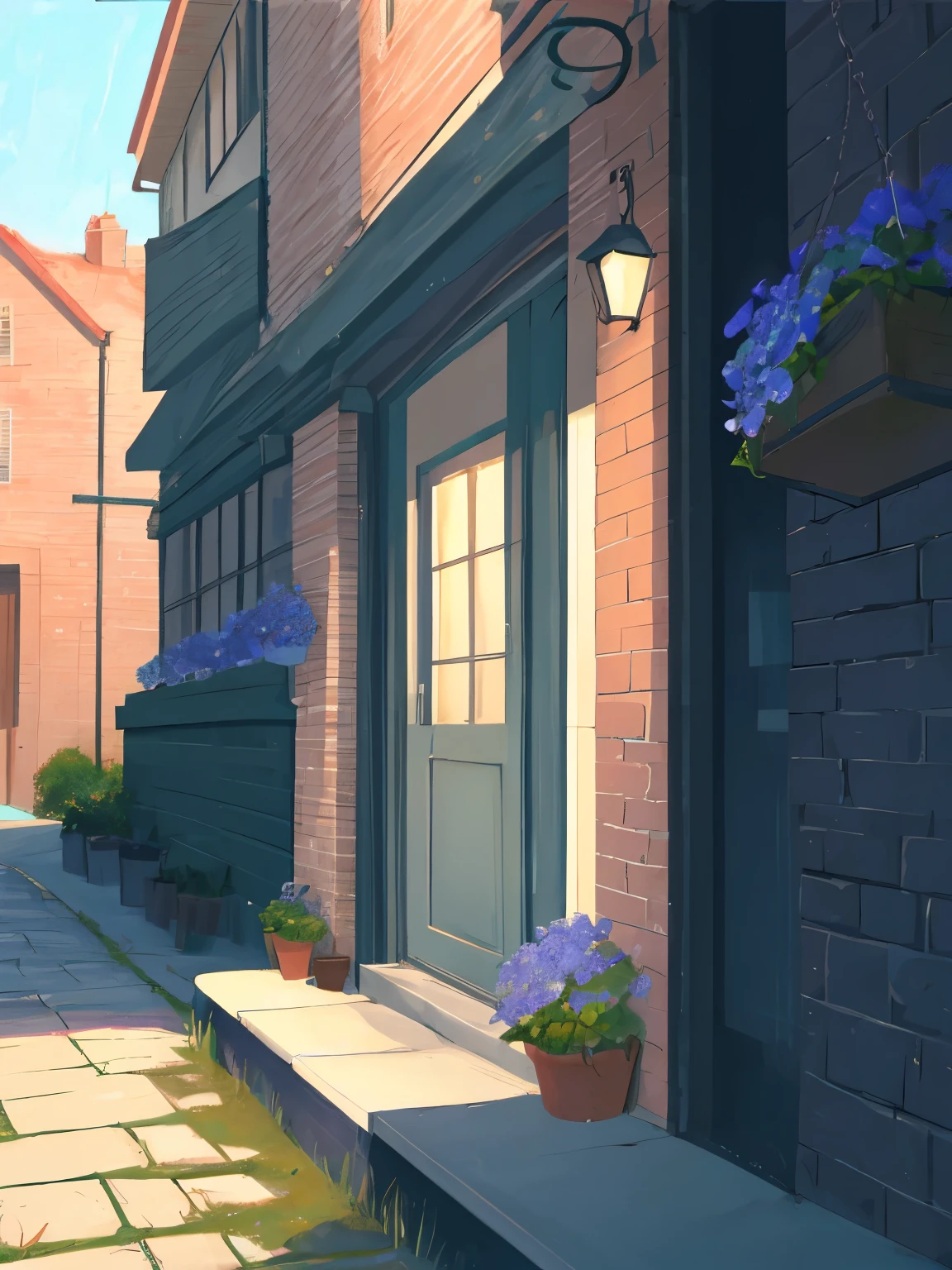 Only gray brick wall, creeper walls blue and lilac flowers