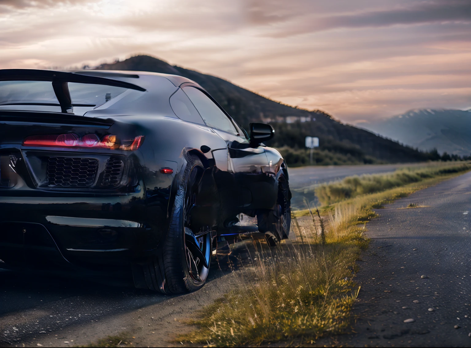 a black sports car parked on a road near a mountain, wide body, low field of view, backlight的, headquarters 4k wallpaper, HD wallpapers, sports car, HD wallpapers, Black car, ❤🔥🍄🌪, wallpaper background, High quality wallpaper, backlight, sports car, 超级sports car, hq 4k phone wallpaper, backlight