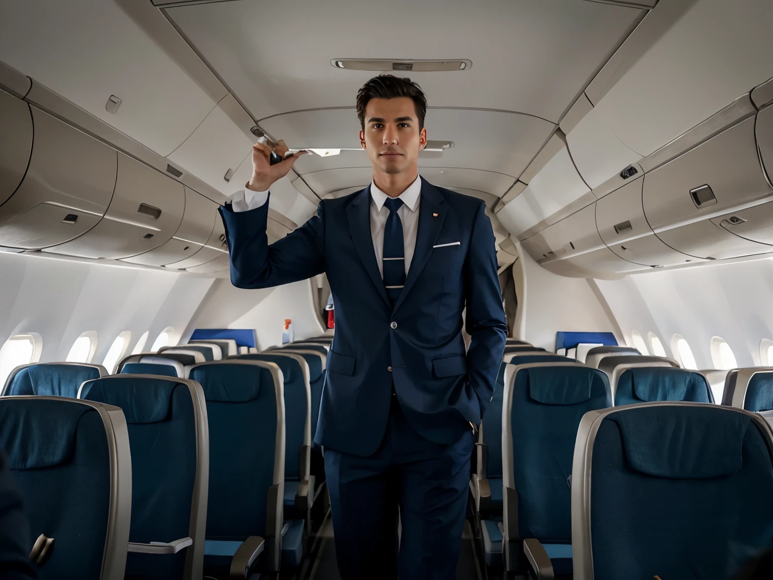Male, man flight attendant work on plane full of passengers