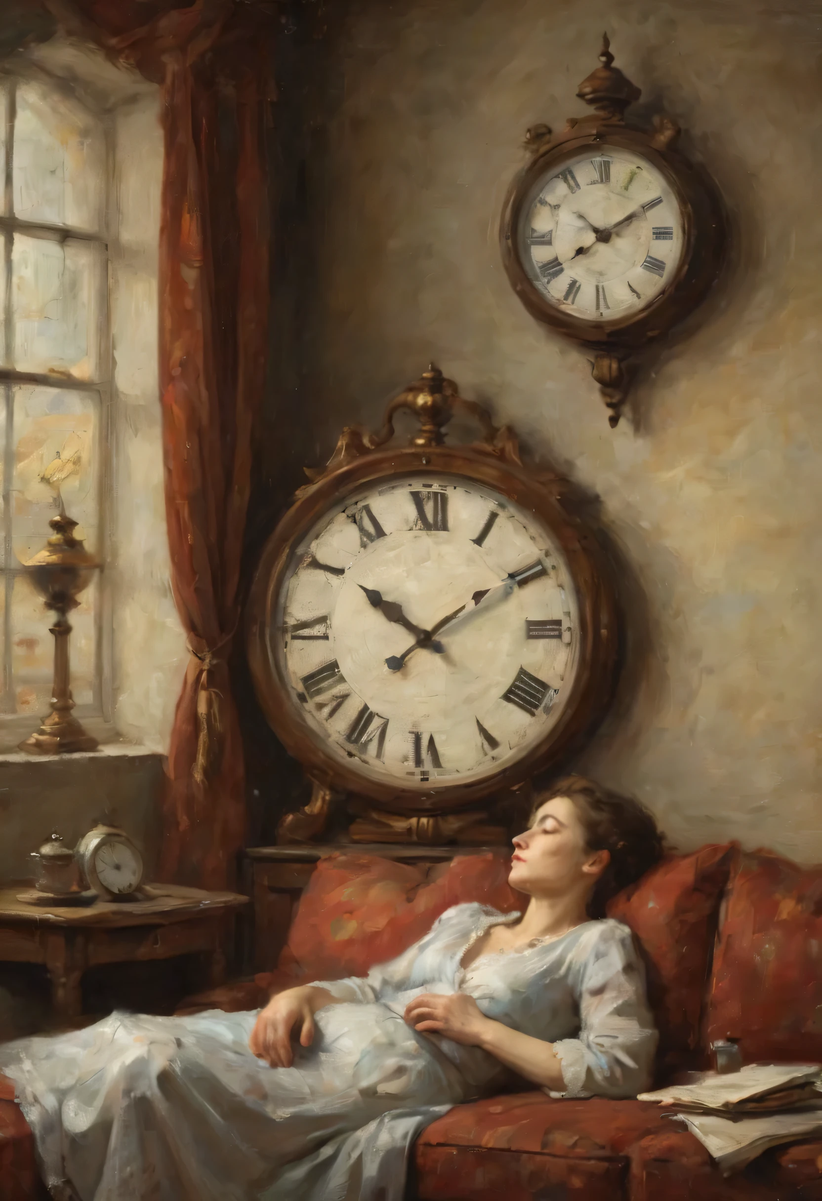 dead,Beautiful woman sleeping on the sofa,Clock on the wall