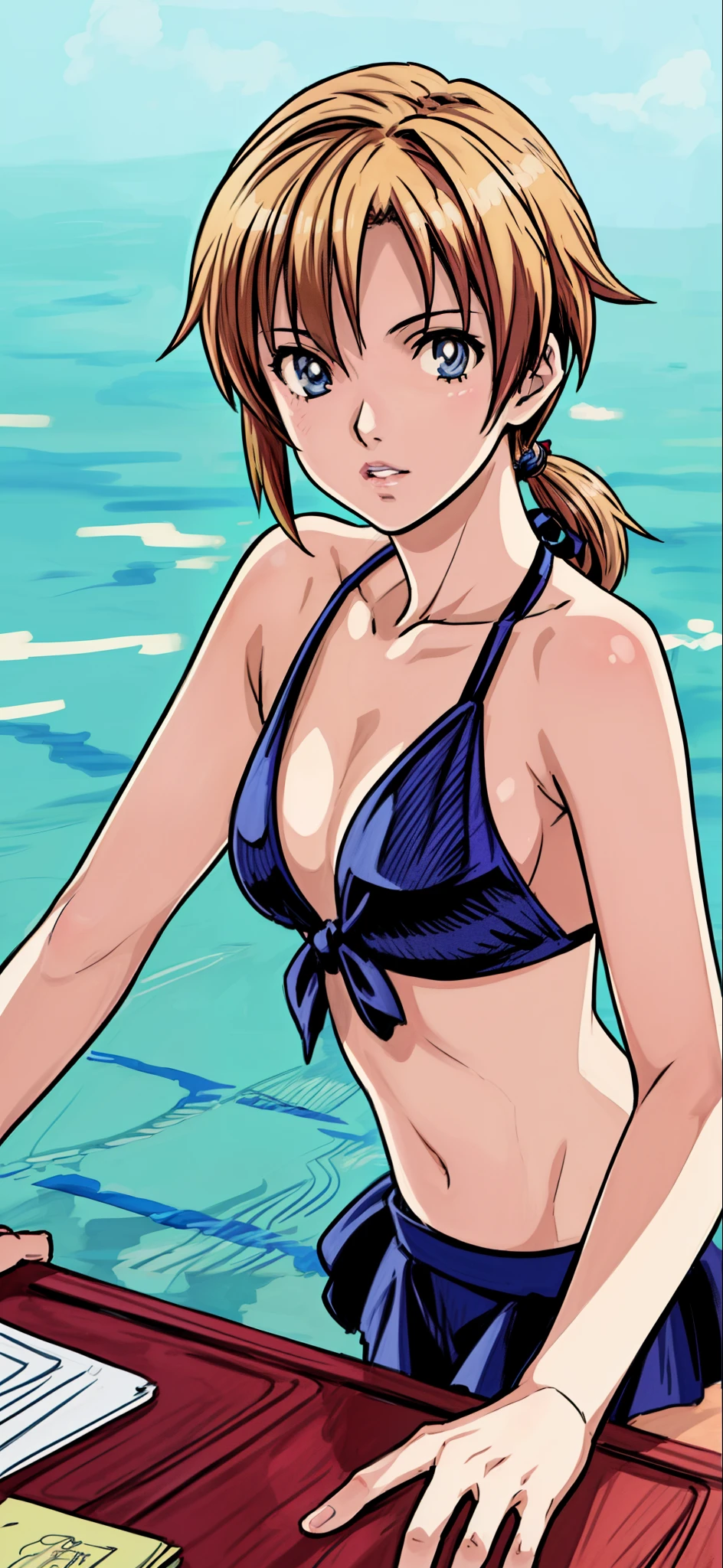 (highest quality,4K,8K,High resolution,table top:1.2), super detailed, (realistic,photorealistic,photo-realistic:1.37), ((face close-up)),rage, Unfortunate,((blonde hair)), ((long hair)),(swimming bikini), peace sign,beautiful and fine eyes, beautiful detailed lips, highly detailed eyes and face, long eyelashes, realistic anime 3D style, Smooth anime CG art, Digital rendering by Makoto Shinkai, Moe anime art style, photorealistic rendering of an anime girl, Shinkai Makoto style, Cute anime girl visuals, realistic young anime girl, girl fan art, Created by Anime Artist'studio of.