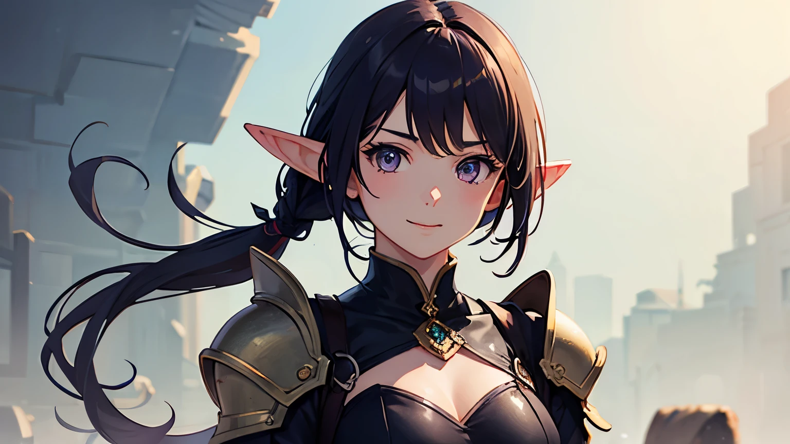 1girl,elf,purple hair,fantasy setting, ranger,looking at viewer,upperbody,masterpiece, realistic, happy face