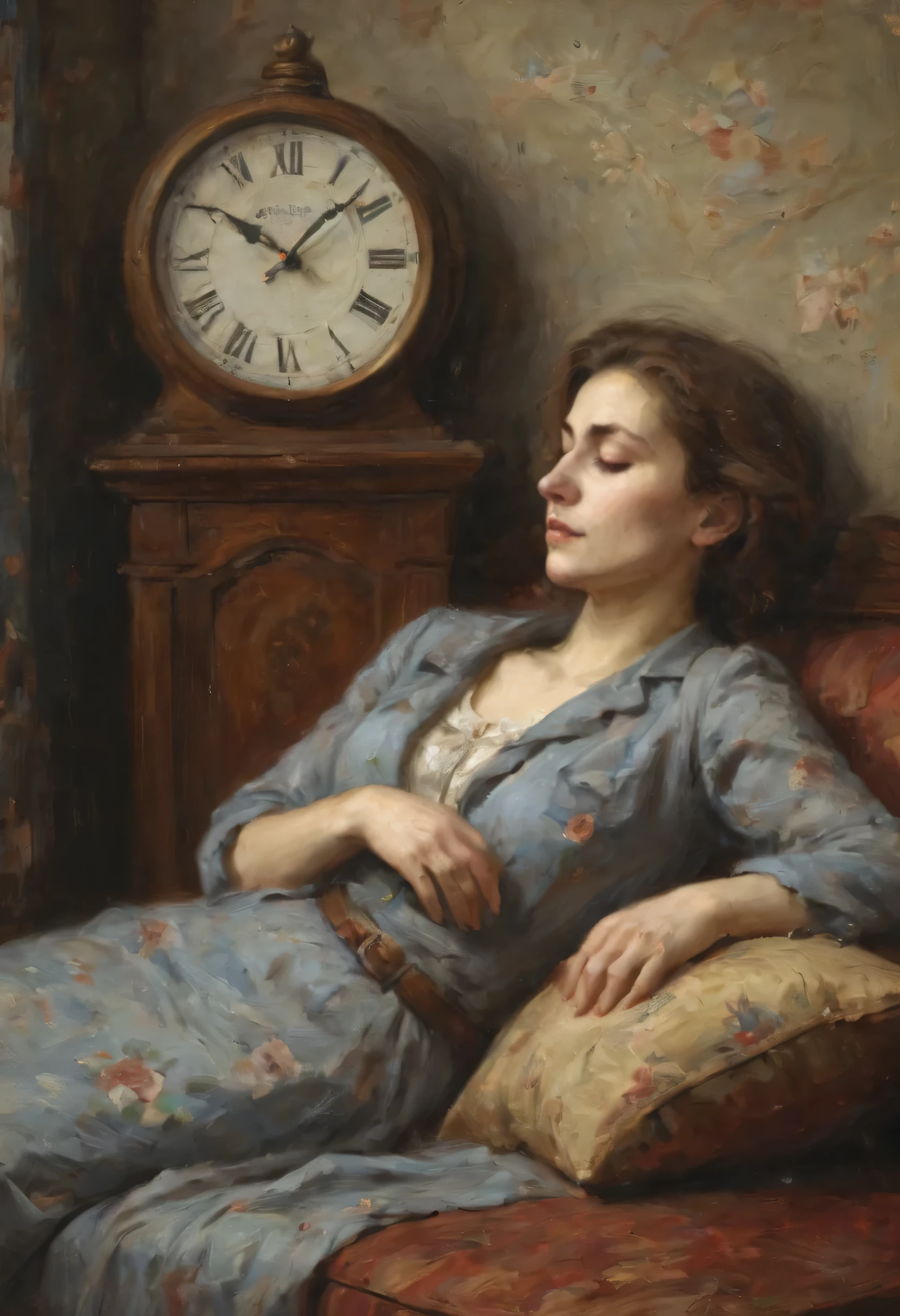 dead，Beautiful woman sleeping on the sofa，Clock on the wall