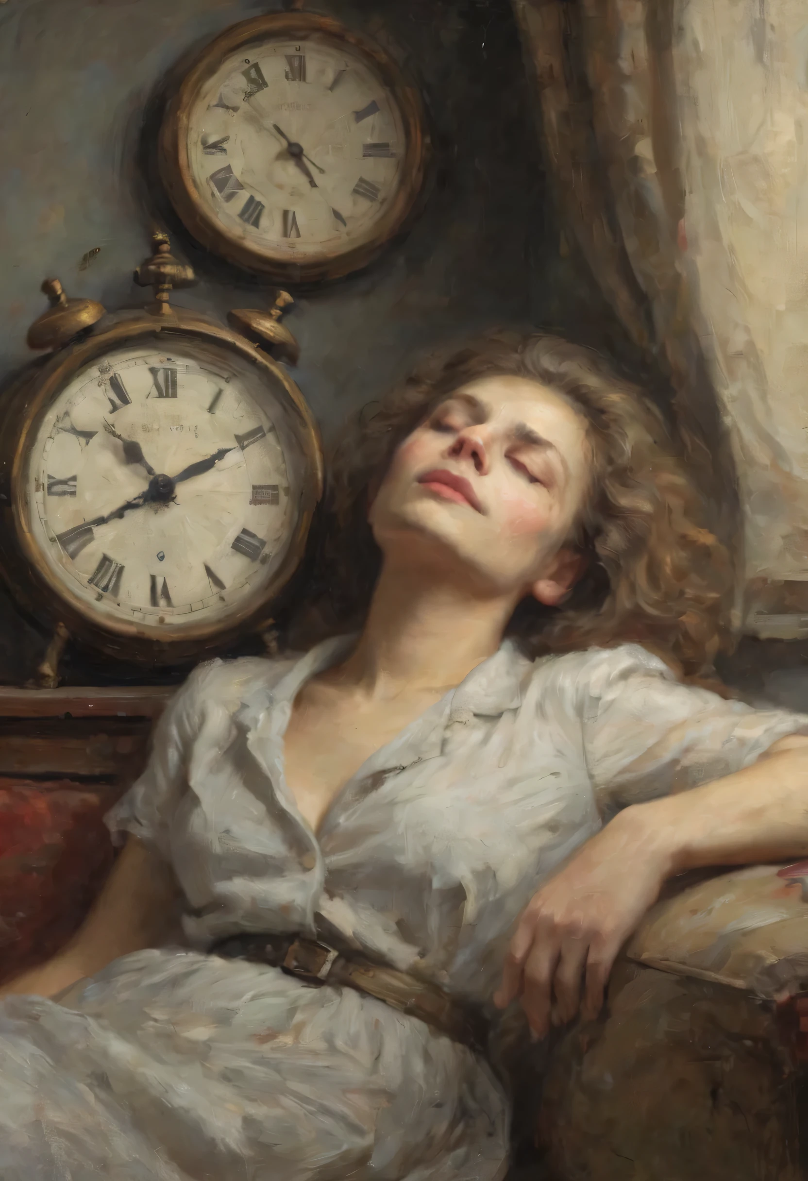 dead，Beautiful woman sleeping on the sofa，Clock on the wall