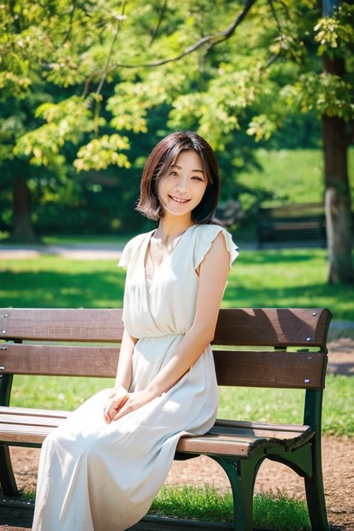 Please draw a beautiful Asian woman sitting on a park bench.。She sits gracefully、surrounded by surrounding nature。The calm scenery of the park spreads around her.、wood々and flowers々is swaying in the wind。From her expression and pose、Feel the quiet happiness and inner beauty。