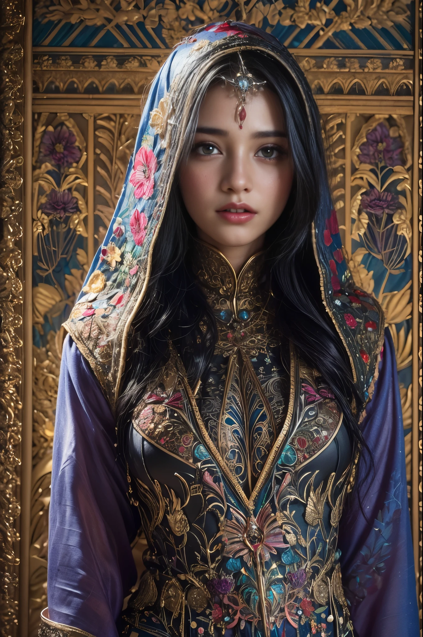 portrait, One exotic teenage Saudi Arabian girl, who has the most beautiful face in the world,  (18 years old:1.3), stands in the grand hall of the Arabian palace, her hand casually resting on her slender waist. Her intricately designed gauntlets glint in the dim light, adorned with intricate and beautiful patterns. The garment covering her body is a complex and colorful biomechanical bodysuit, a testament to the advanced technology of her kingdom. Her slim and toned physique is accented by the fit of the suit, her moist skin appearing fresh and high freshness. Dark, thick eyebrows frame her beautiful, big purple eyes, which sparkle with an ecstatic expression. (jet black hair:1.5) Her ultra-detailed eyes, intricate artwork, ultra realistic realism, high resolution, High freshness, drawing faithfully, official art, Unity 8K Wall paper, ultra detailed artistic photography, grabbing on her breasts by herself, (the most erotic photo in the world:1.4), ecstatic expression, (Climax expression during intercourse:1.5)、beautiful nipples