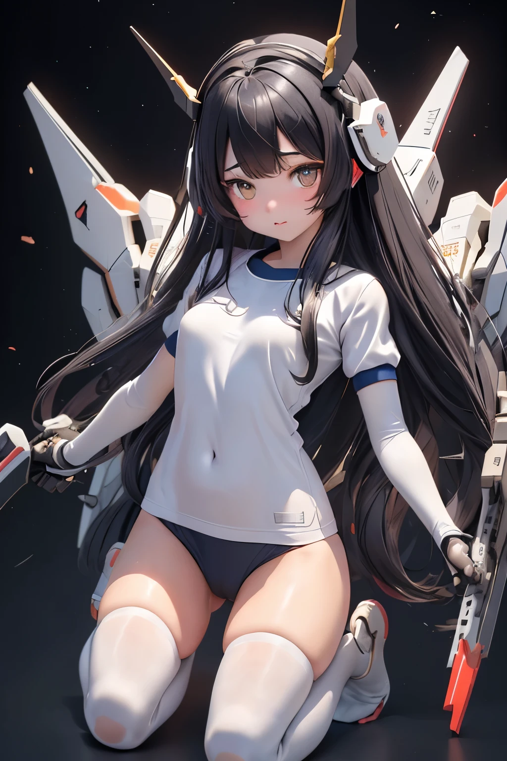 (highest quality)), ((masterpiece)), (very detailed: 1.3), 3D, {(ung girl)}, (wear navy buruma and white gym uniform with colored hem under armor:1.3), (black hair:1.5), (She is fused with futuristic Gundam mecha:1.3), with headgear, with v-fin , armored shoulders,armored under arms, armored under legs, short sleeve, attached 2 huge weapons on back, legs mounted weapon module, camel toe, multilayer textureperfect proportions, octane rendering, duotone lighting, Low ISO, wide aperture, White balance, Rule of thirds, ultra HD16k, HDR (High Dynamic Range), Ray Tracing, NVIDIA RTX, Super Resolution, Subsurface Scattering, PBR Texturing, Post Processing, Anisotropic Filtering, Depth of Field, Maximum Clarity and Clarity, High efficiency subpixel, subpixel convolution, particles of light, light scattered, Tyndall effect, full body:1.5, (face-off sex position:1.3, open legs), , cute, (cute:1.2), (long hair:1.3),太い眉毛, 薄い色の虹彩, 大きくて輝いている黒い瞳, 長いまつげ, 小さく薄い色の自然な唇, (Average face of Japanese idols), (日本人特有の童顔:1.3), (baby face), 広いおでこ:1.2, ふっくらした頬, 小さな顎, in the hangar,looking at viewer,Focus on the eyes , (完璧な4本の指, 親指1本),