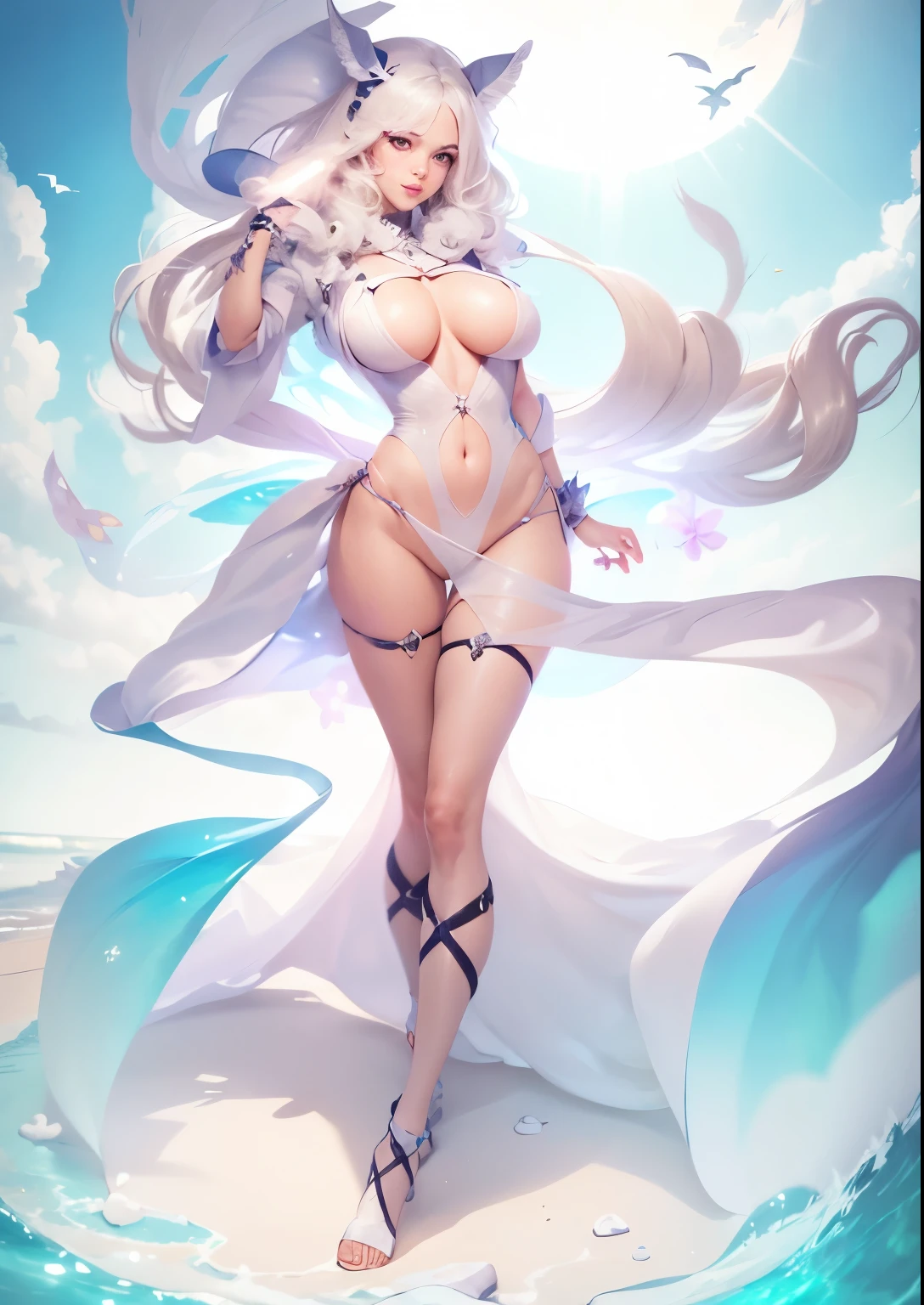 best quality, ultra high res, (photo realistic:1.2), (real person:1.2), (extremely detailed CG), 1 girl, contrappost, upper body, from above, long hair, large breasts, shiny bondage lingerie, highleg, bondage, revealing transparent slight pale blue latex grid girl monokini, dynamic pose, white strings, spread legs, seductive smile, sideboob, upperboob, underboob, cleavage, skindentation, high detailed face, face lighting, front lighting, perfect face, looking at viewer, shiny skin, oily skin,
