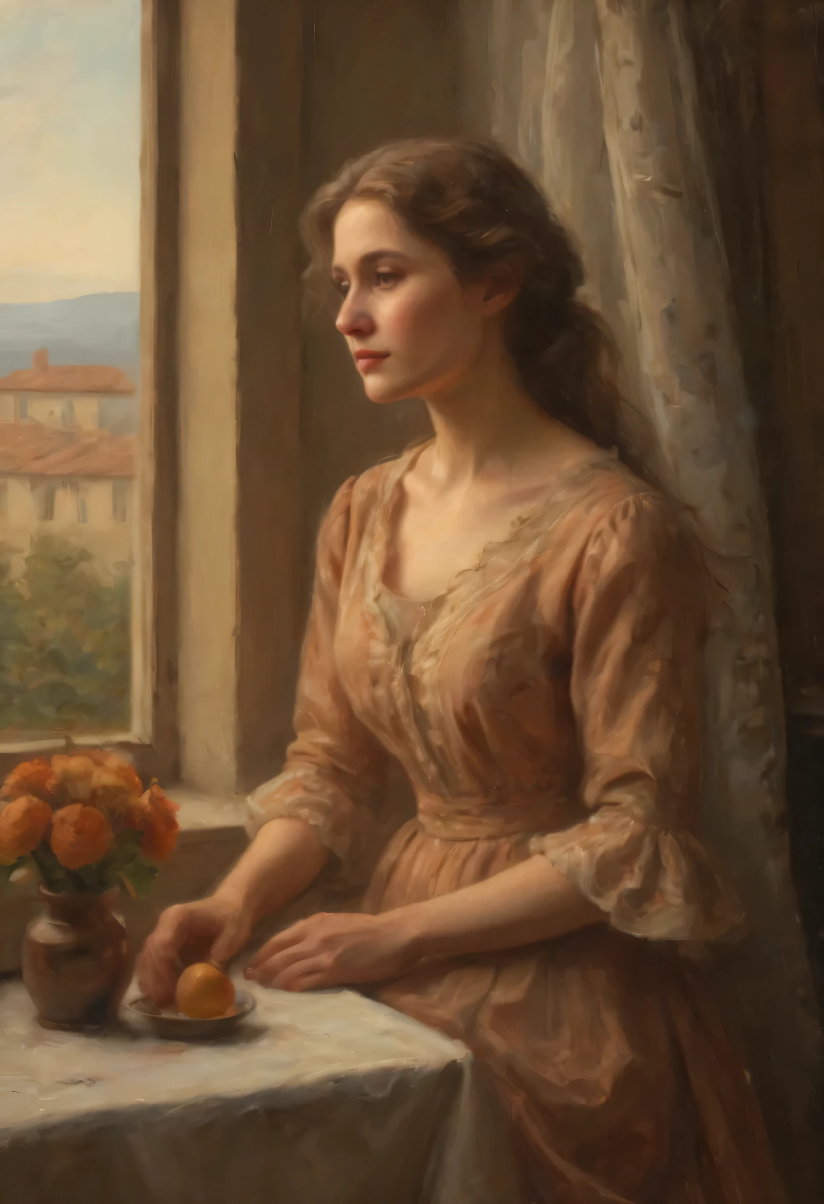 (best quality,4K,8k,high resolution,masterpiece:1.2),Super detailed,actual,photoactual:1.37,Warm colors,soft light,woman by window,detailed facial features,a hint of mystery,gentle expression,Beautiful flowing dress,stare into the distance,eternal,peaceful