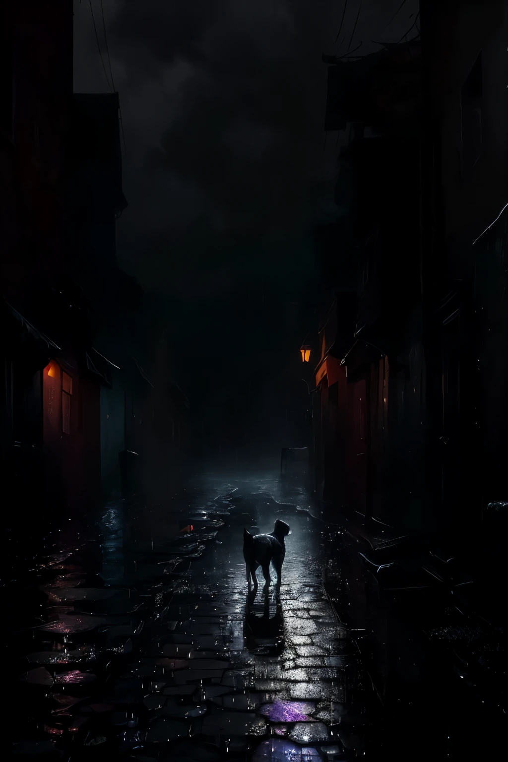 In the dark and rain-soaked night, a lonely dog wanders the deserted streets, its paws delicately touching the puddles, as raindrops reflect the scant light. The scene is filled with the soothing sound of raindrops hitting the ground, and the dog's mournful barks echo through the deserted streets. The rain clouds obscure the moon and stars, leaving the night shrouded in darkness. The dog's fur is saturated with water, droplets clinging to each strand, creating a mega-detailed and highly realistic image. The scene is filled with high contrast, as the rain-soaked streets are in sharp contrast with the