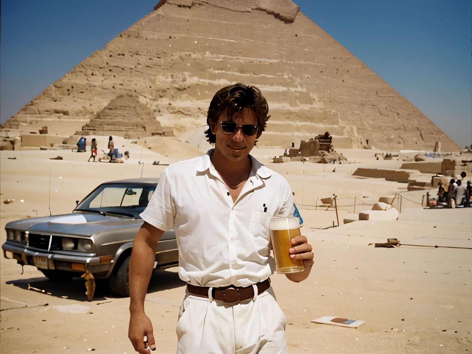 White male looking drunk with a beer in his hand by the great pyramid of Egypt 80s style
