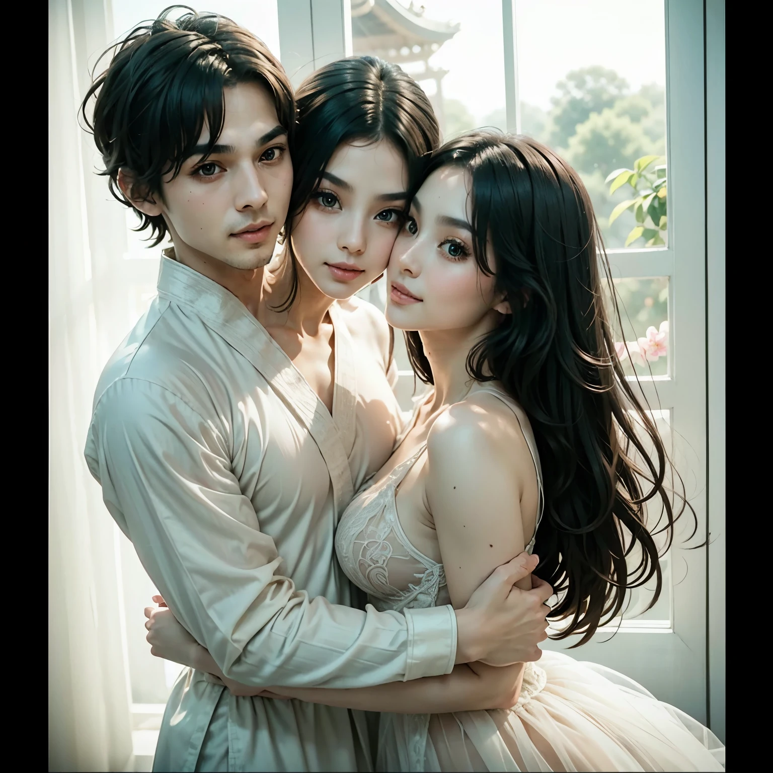 (A couple, beautiful girl and boy), big watery eyes, looking at each other, smiling and wearing white clothes, delicate hair, an ancient Chinese beauty and Handsome guy, wearing ancient Chinese clothing, flowing tulle, light silk,(clean background), ink painting style, clean color, decisive cutting, blank, freehand, masterpiece, super detailed, epic composition, high quality, the highest quality, 4k, (two heads), hugging