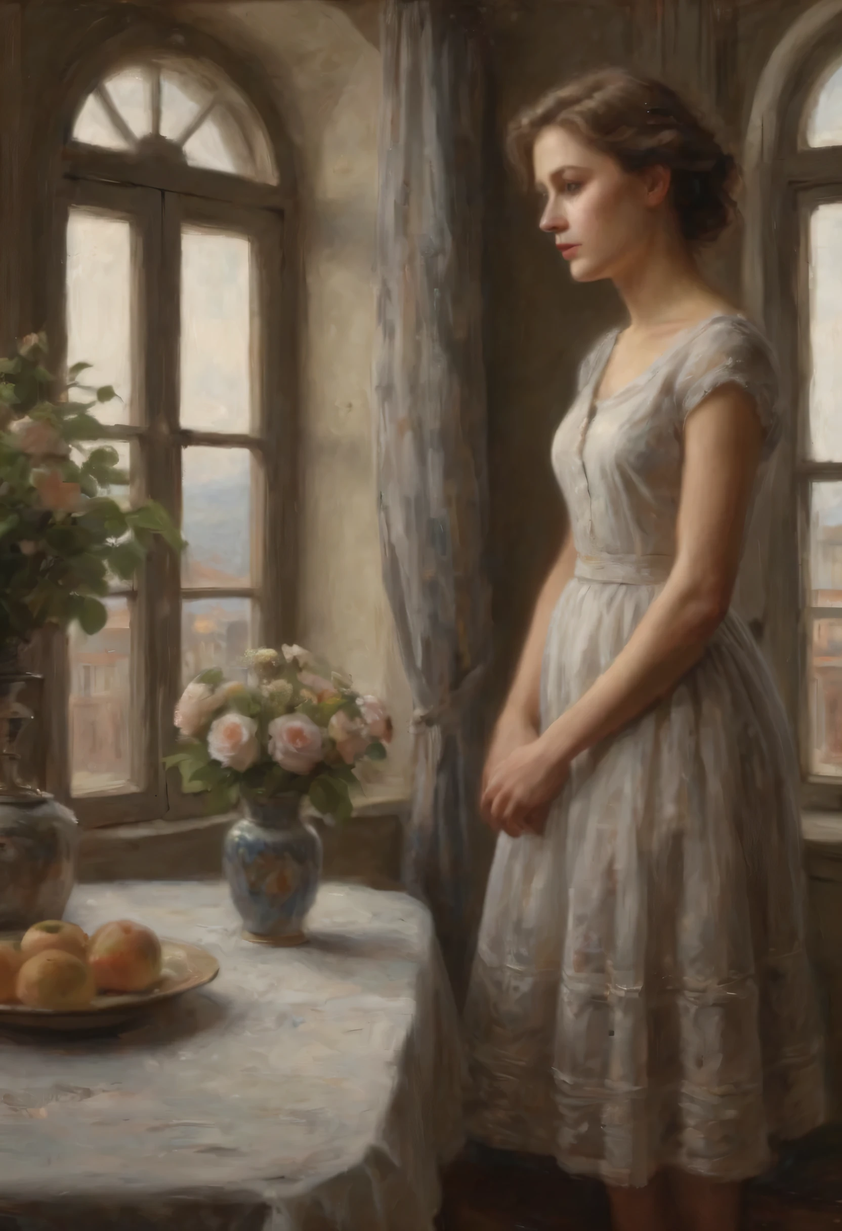 （best quality，4K，8k，masterpiece：1.2），Super detailed，lifelike，photorealism：1.37，woman by window，detailed facial features，a hint of mystery，gentle expression，Beautiful flowing dress，stare into the distance，eternal，bell