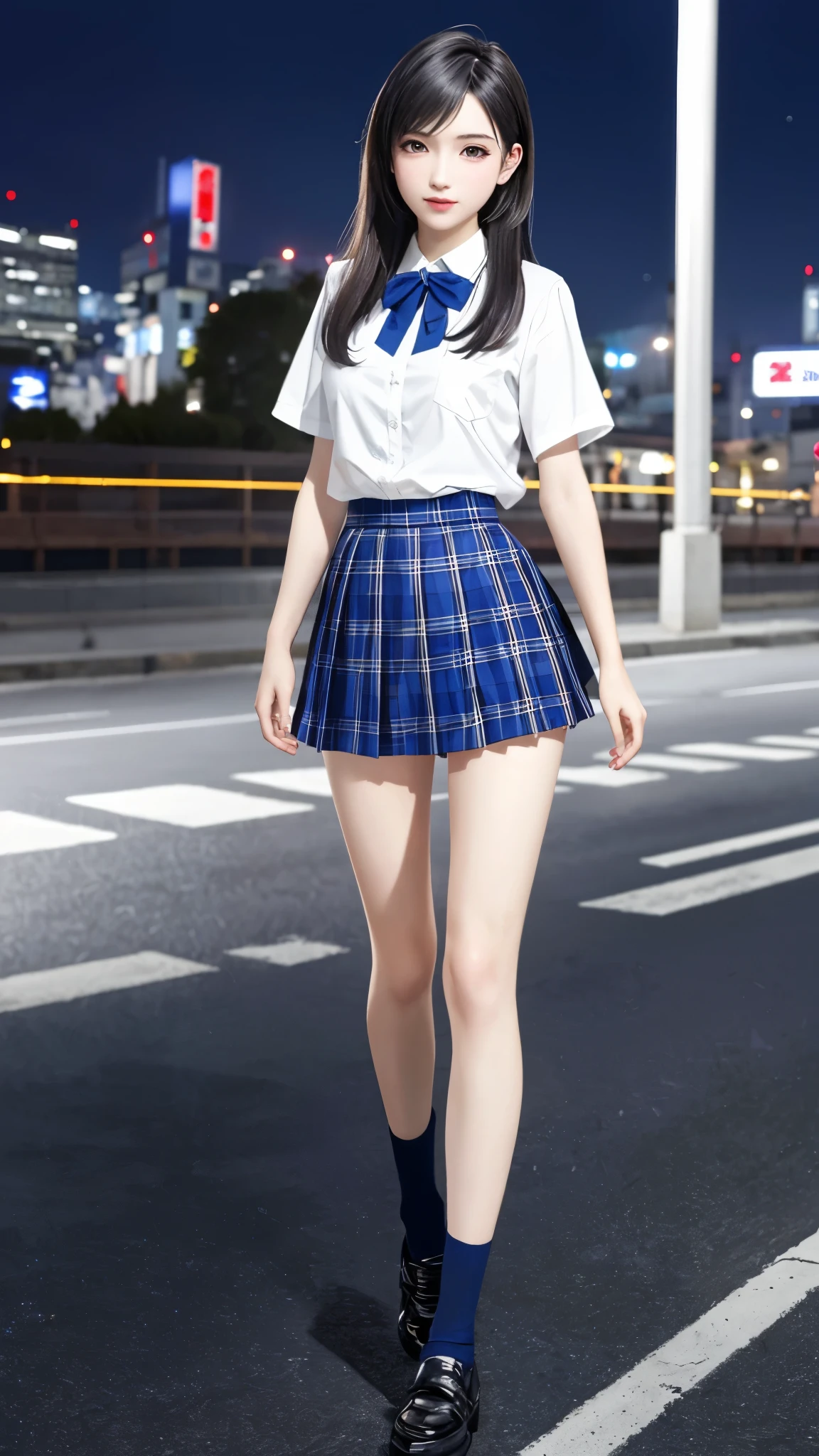 (top quality, masutepiece: 1.1), (Realistic: 1.3), (photoRealistic: 1.3),wallpapers, BREAK (((FF7,Tifa_lockhart))),behind view:1.3,(((Japan jk uniform,White short-sleeved shirt,a bow tie,Navy Blue Plaid Pleated mini-Skirt,Dark blue high socks))),(background big city,shibuya:1.1,night:1.3,neon:1.2),(gravure pose:1.3,nogizaka idol),Ultra-detailed face, Detailed eyes,Red eyes, BREAK (((FF7,Tifa_lockhart))),(black brown hair, Large breasts: 1.2), BREAK , About 18 years old,kawaii,(calf focus:1.2,back hair:1.2),sensual,zettai_ryouiki:1.1,looking at viewer,standing,Beautiful legs,walking,full body