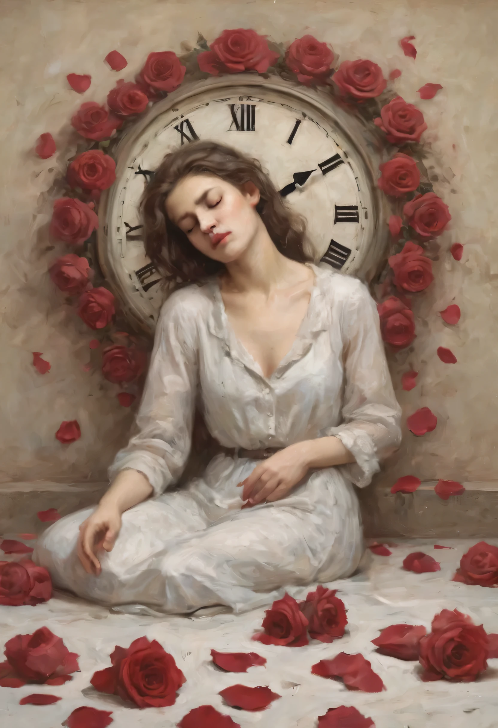 dead,Beautiful woman sleeping,Clock on the wall,Wilted roses,Scattered rose petals