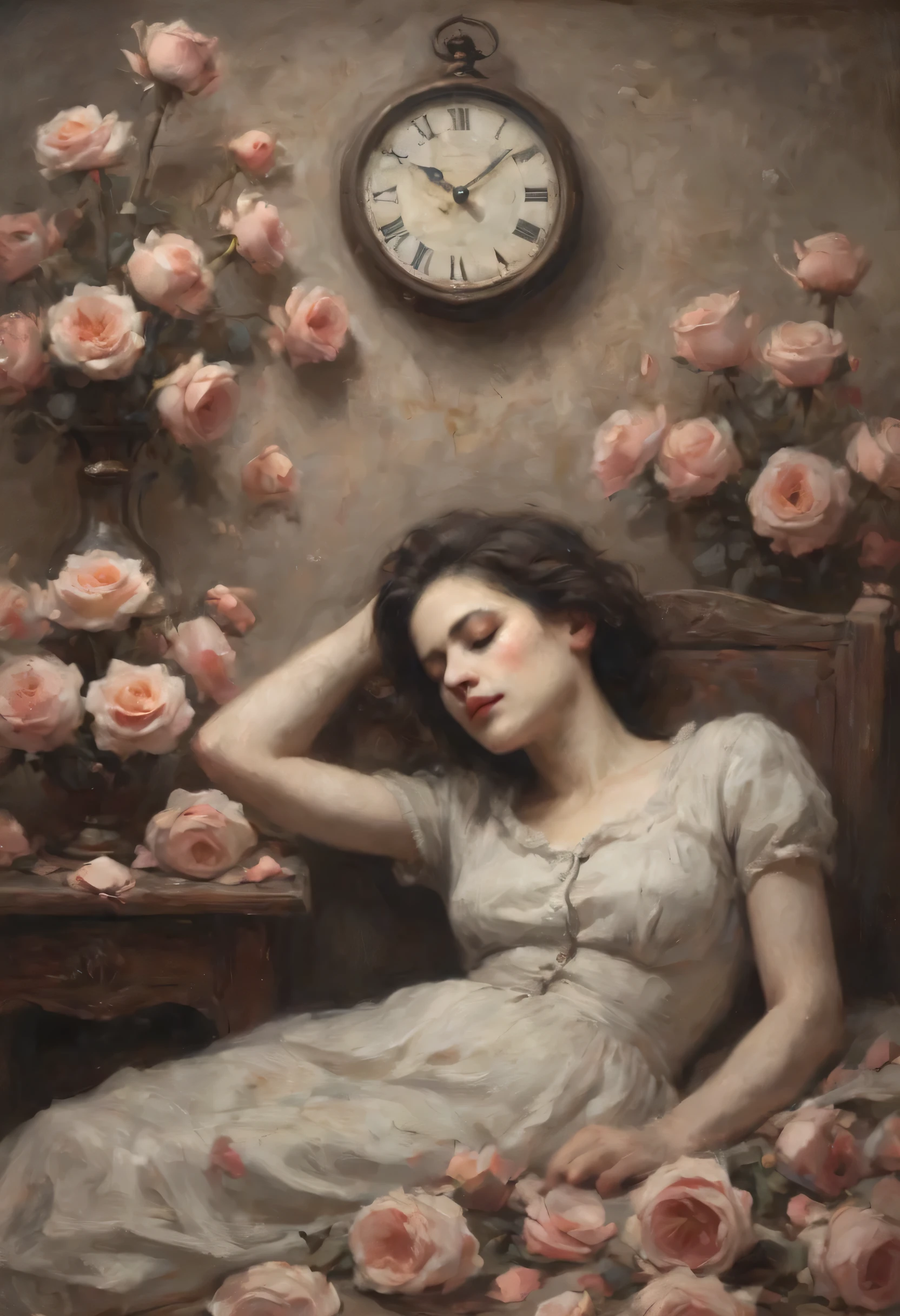 dead，Beautiful woman sleeping，Clock on the wall，Wilted roses，Scattered rose petals