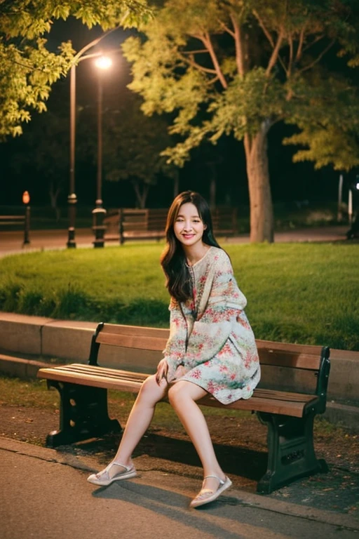 Please draw a beautiful Asian woman sitting on a park bench.。She sits gracefully、surrounded by surrounding nature。behind her on the left、The street lights flicker at dusk around 7pm.。There are calm views of the park surrounding you.、wood々and flowers々is swaying in the wind。From her expression and pose、Feel the quiet happiness and inner beauty。