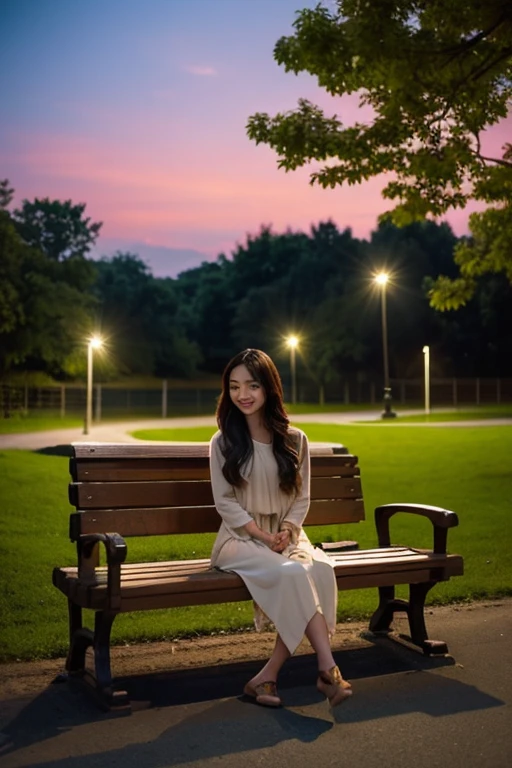 Please draw a beautiful Asian woman sitting on a park bench.。She sits gracefully、surrounded by surrounding nature。behind her on the left、The street lights flicker at dusk around 7pm.。There are calm views of the park surrounding you.、wood々and flowers々is swaying in the wind。From her expression and pose、Feel the quiet happiness and inner beauty。