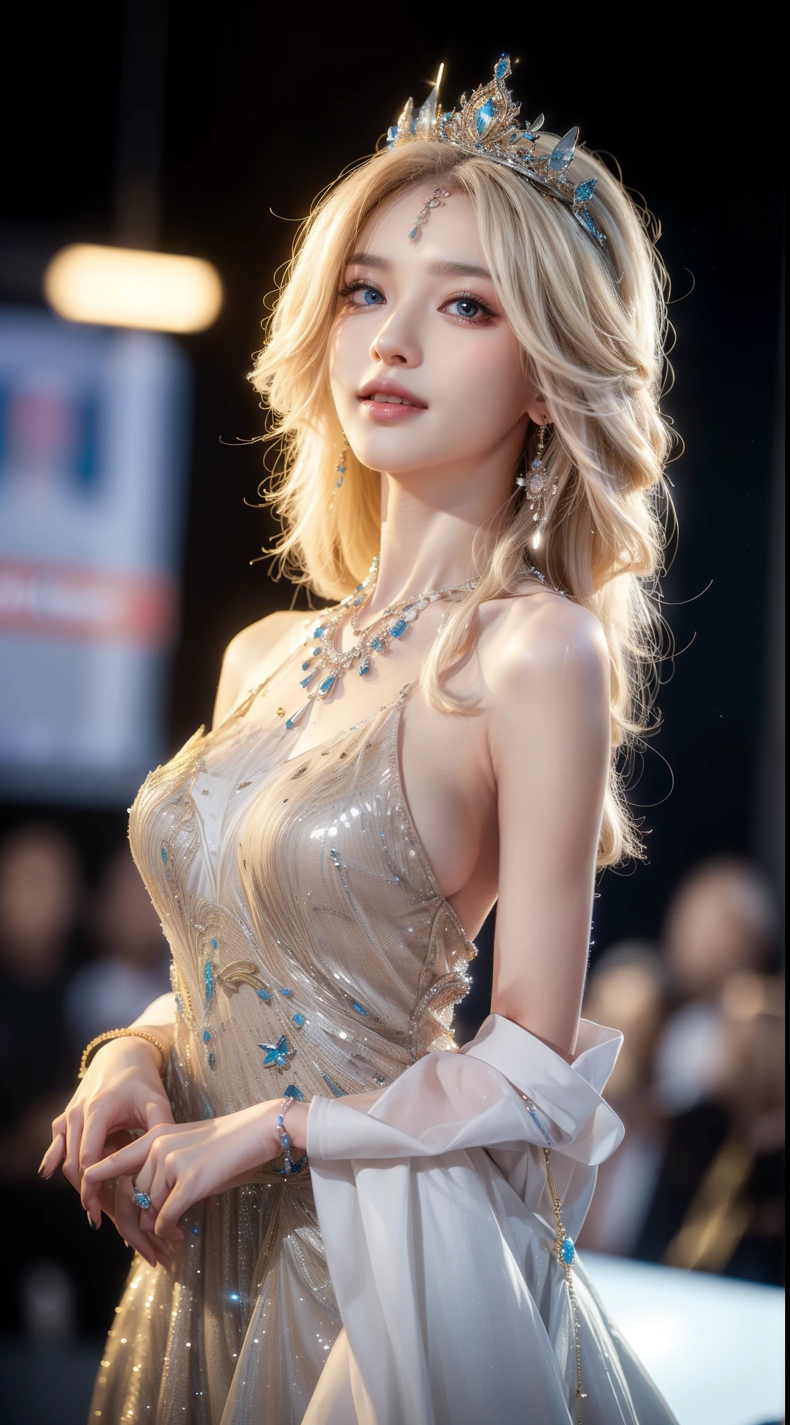 8k, masterpiece, original photo, best quality, lifelike, Extremely detailed CG unified 8k wallpaper, depth of field, movie light, lens flare, Ray tracing, (extremely beautiful face, beautiful lips, beautiful eyes), complex and detailed face, ((Skin is super delicate)) 1 girl, in the darkness, deep shadow, beautiful korean girl, kpop idol, 1 girl, (very slim slender fit-muscled body:1.3), ((looking at the audience)),(bright smile:1.3), (midnight, dark night, (neon lights), (blurred background), dim lights), (No one is in the background:1.3), beautiful earrings, bracelet, necklace,  clear eyes, Walk , front Photo, (pale skin), (big eyes), face forward, (full-body shot), (brown hair), (looking at the audience:1.3), very slim, medium breasts