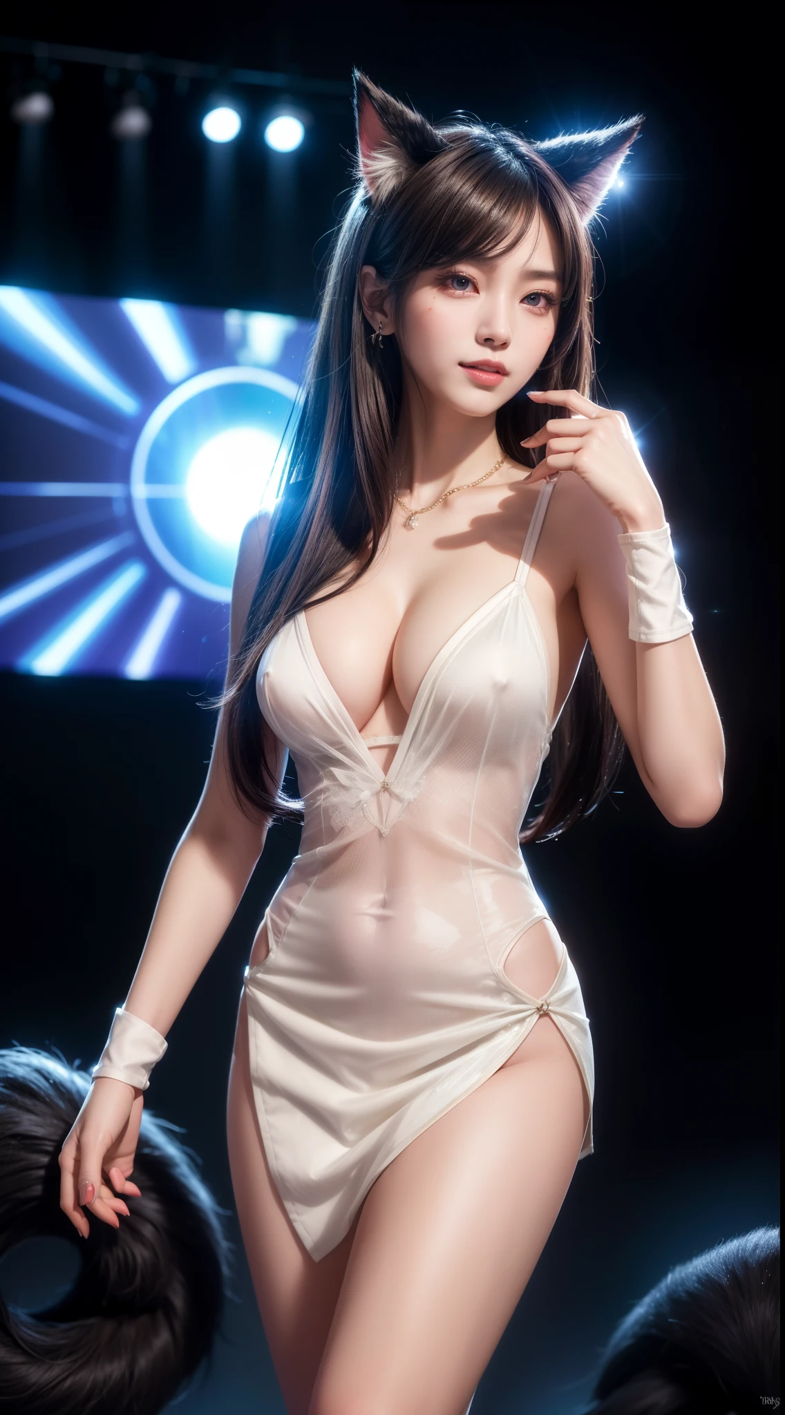 Ahri_Cosplay, White Tails, Black long hair, yellow eyes 8k, masterpiece, original photo, best quality, lifelike, Extremely detailed CG unified 8k wallpaper, depth of field, movie light, lens flare, Ray tracing, (extremely beautiful face, beautiful lips, beautiful eyes), complex and detailed face, ((Skin is super delicate)) 1 girl, in the darkness, deep shadow, beautiful korean girl, kpop idol, 1 girl, (very slim slender fit-muscled body:1.3), ((looking at the audience)),(bright smile:1.3), (midnight, dark night, (neon lights), (blurred background), dim lights), (No one is in the background:1.3), beautiful earrings, bracelet, necklace, clear eyes, Walk , front Photo, (pale skin), (big eyes), face forward, (full-body shot), (brown hair), (looking at the audience:1.3), very slim, medium breasts