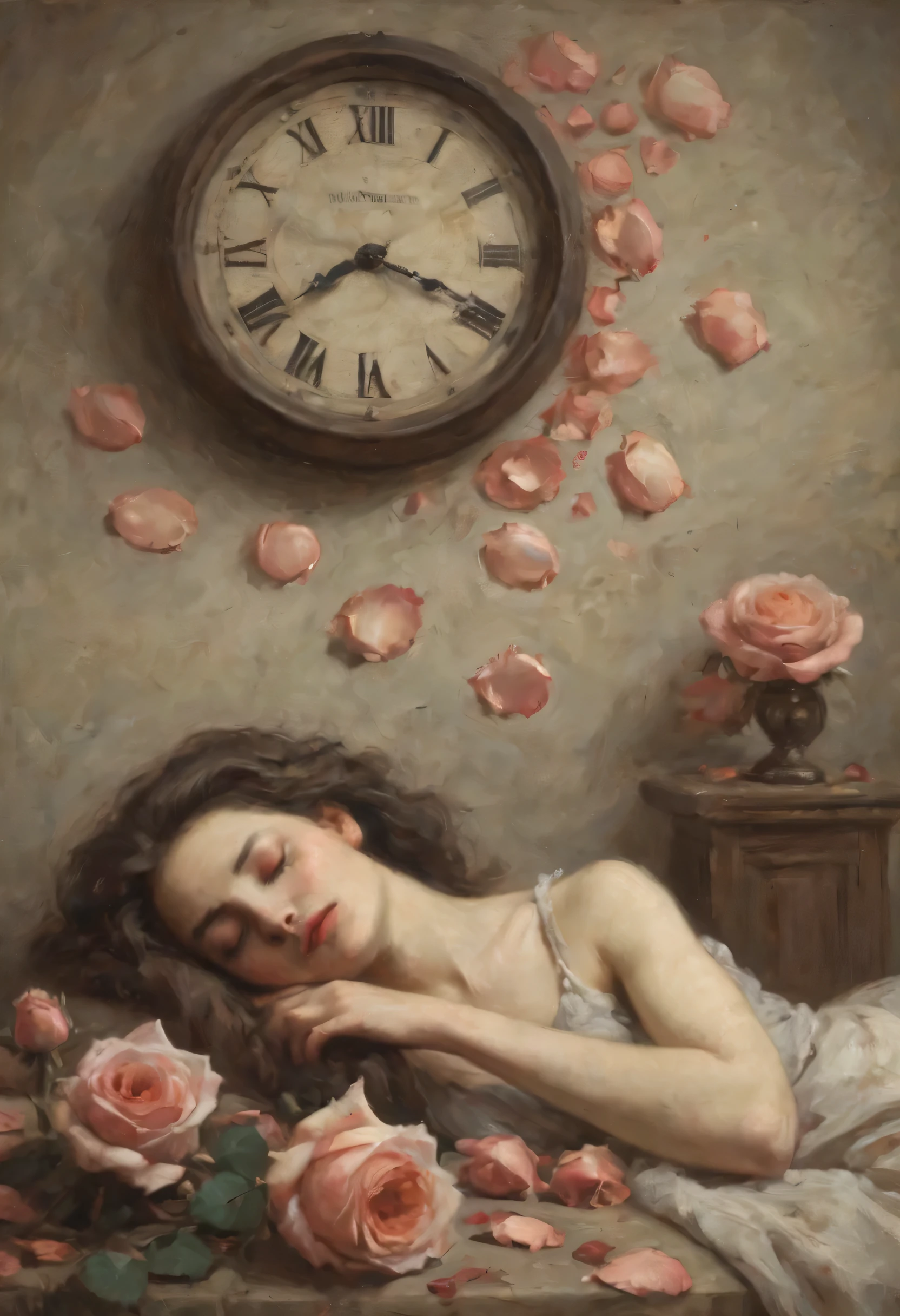 dead,Beautiful woman sleeping,Clock on the wall,Wilted roses,Scattered rose petals