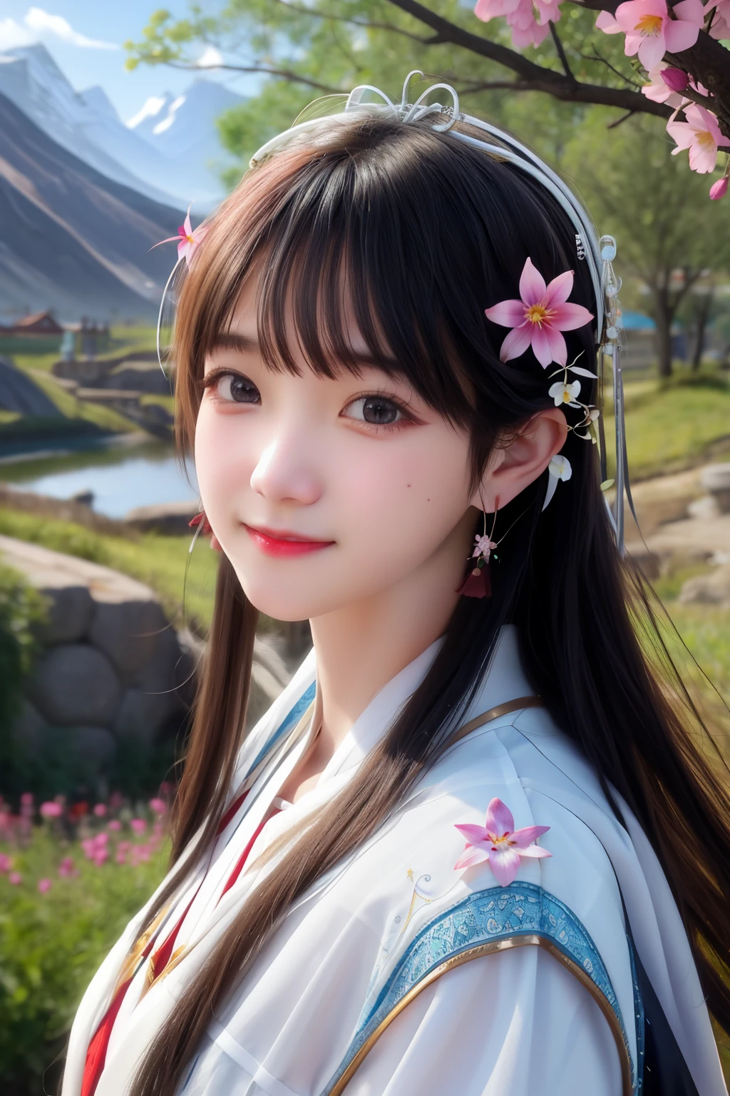 Keep the beauty in ancient costume unchanged,Change the background to mountains,There is a clear spring、trees、wild flowers
