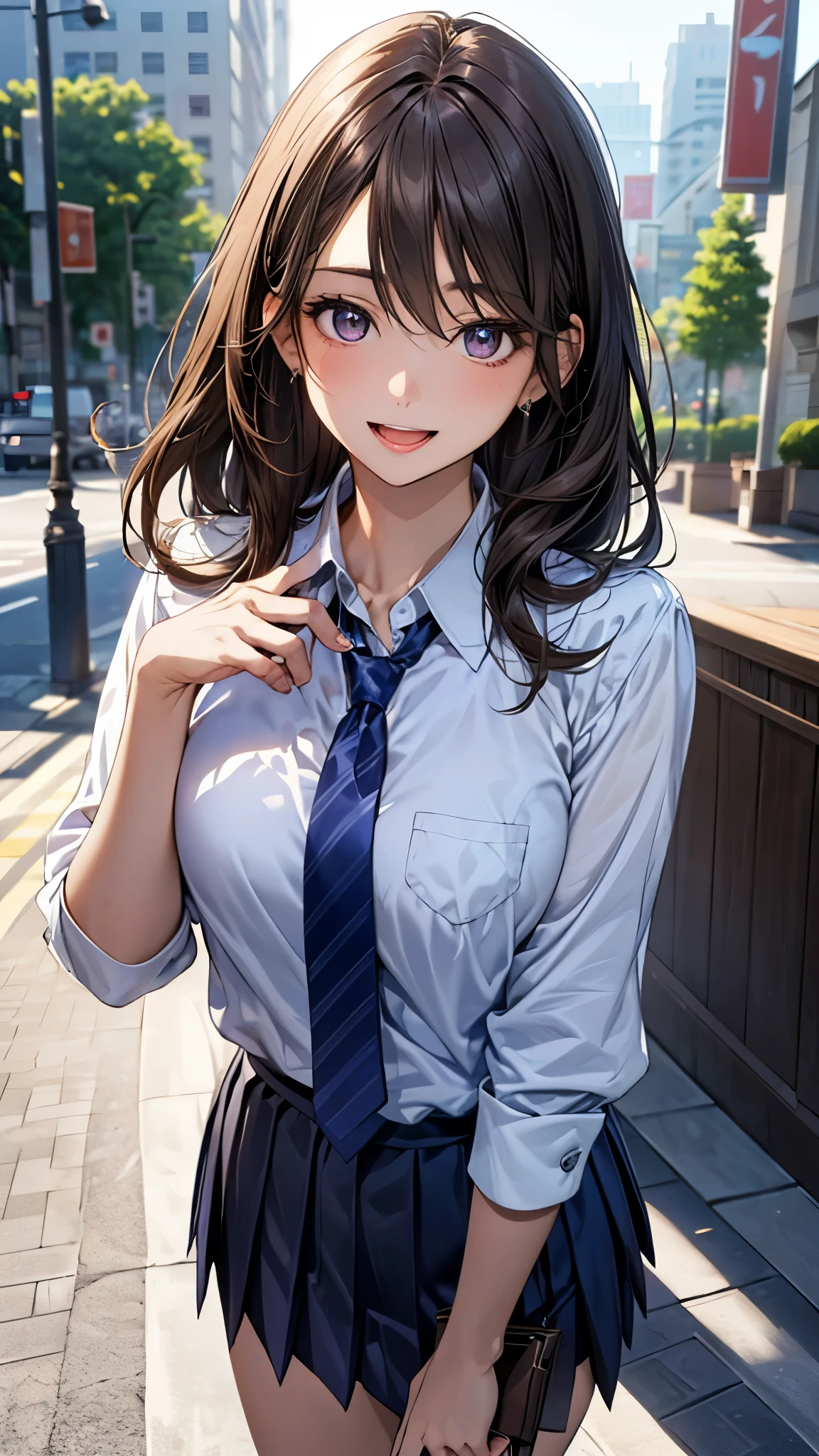 (masterpiece:1.2, top-quality), (realistic, photorealistic:1.4), beautiful illustration, (natural side lighting, movie lighting), ,
(looking at viewer), 1 girl, japanese, high school girl, perfect face, cute and symmetrical face, shiny skin,
(middle hair:1.5, straight hair:1.7, light brown hair), hair between eyes, purple eyes, long eye lasher, (large breasts:0.6),
beautiful hair, beautiful face, beautiful detailed eyes, beautiful clavicle, beautiful body, beautiful chest, beautiful thighs, beautiful legs,
((light blue collared shirt, navy pleated skirt)), navy tie,
(beautiful scenery), evening, downtown, (lovely smile, upper eyes, open mouth),