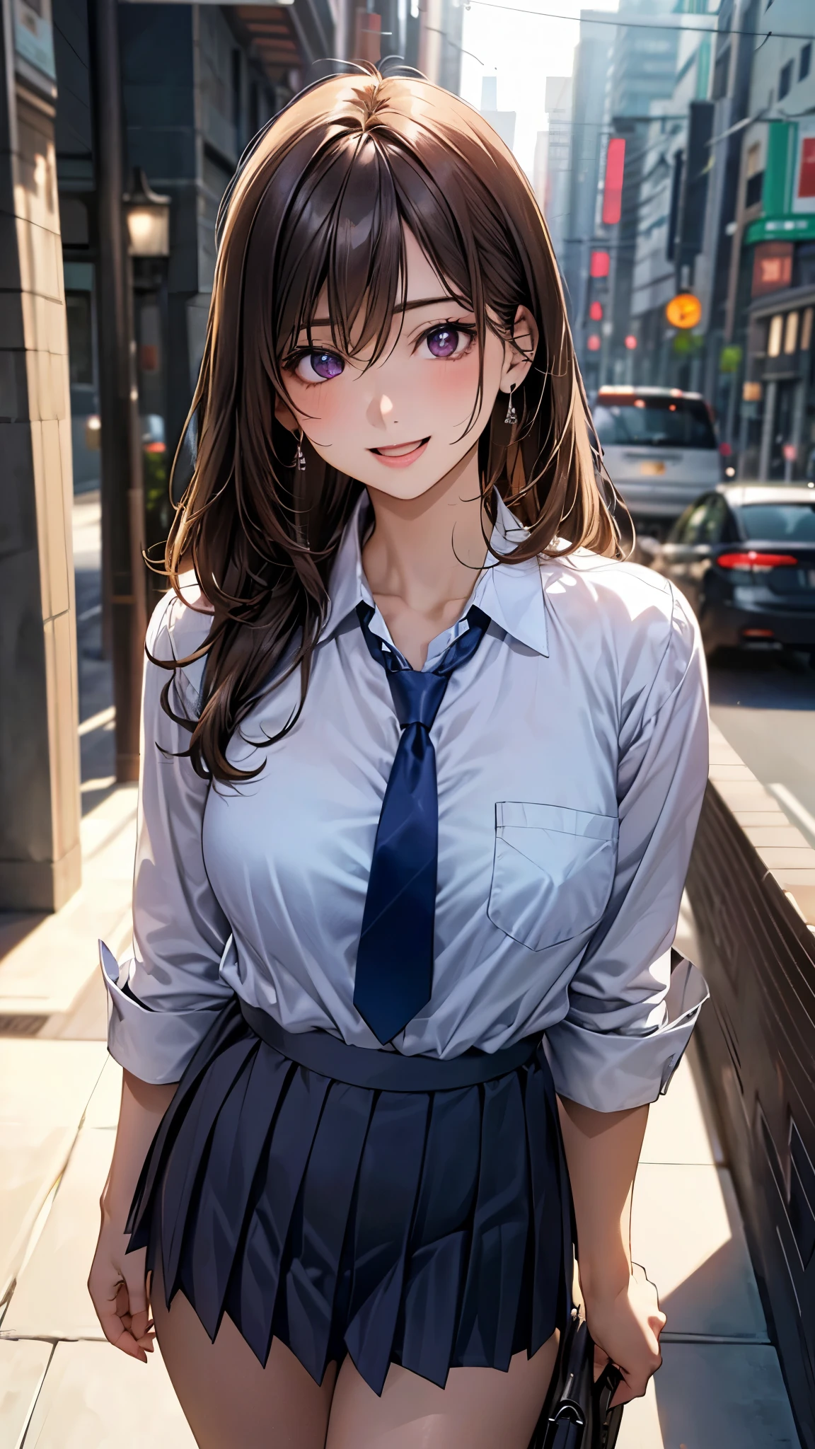 (masterpiece:1.2, top-quality), (realistic, photorealistic:1.4), beautiful illustration, 
looking at viewer, cowboy shot, front view:0.8, 
1 girl, japanese, high school girl, (long hair:1.5), blown hair, (twintail:1.7), bangs, hair between eye, purple eyes, skin fang, large breasts:0.8, 
beautiful hair, beautiful face, beautiful detailed eyes, beautiful clavicle, beautiful body, beautiful chest, beautiful thigh, beautiful legs, beautiful fingers, 
(beautiful scenery), , school,
((collared shirt, white shirt, school uniform, cardigan, red plaid pleated skirt, blue plaid bow tie, blue plaid hair ribbon)), white panties, 
standing, walking, 
smile, ,