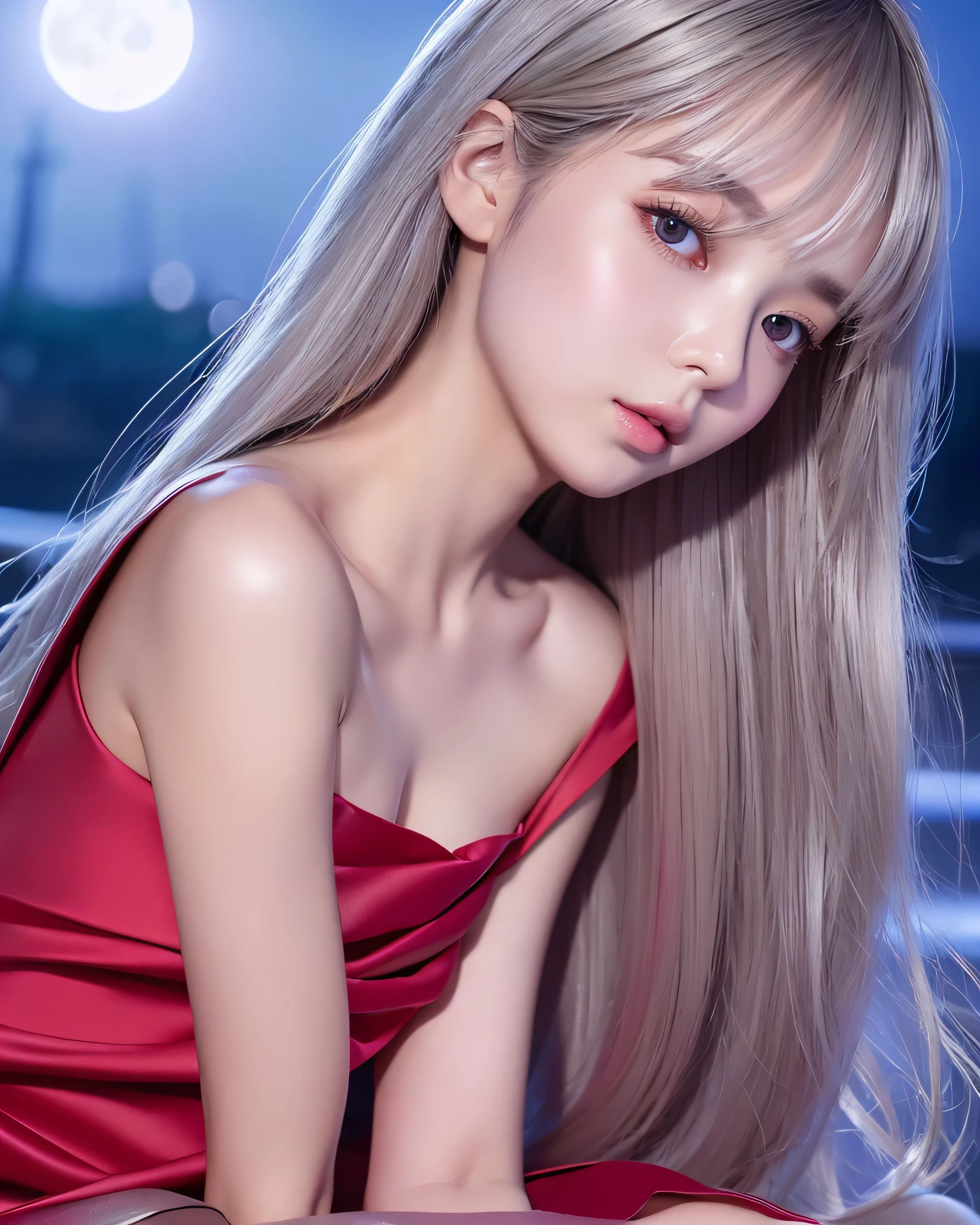 beautiful japanese girl moist gray eyes The right body (whole body:1.5) (Platinum blonde thinning hair 1.5) Complex hair details Super Long Straight Silk Hair asymmetrical bangs、magical beautiful eyes moist gray eyes Purple Sky devil'wing (Simple red dress:1.5) open shoulder mini skirt Detailed and perfect clavicle fair and beautiful breasts Detailed and beautiful thighs smooth and soft skin、shiny face、bright makeup、pale pink lips、Emeral look、16 year old girl、full moon night Seaside city clear focus、smoothness、aesthetics、professional lighting