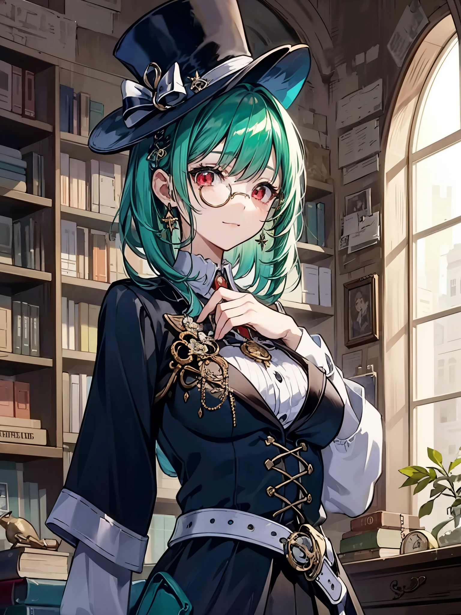 （（（masterpiece、Highest image quality、highest quality、highly detailed unity 8ｋwallpaper）））、（（Illustration of one girl、upper body））、（（（beautiful girl）））、（librarian）、（Emerald green hair、messy hair、sidelocks：1.2、red eyes、crazy smile）、（（（flat chest）））、（（（monocle）））、pocket watch、（（（Black top hat、Black tuxedo、belt）））、great medieval library、Large amount of books