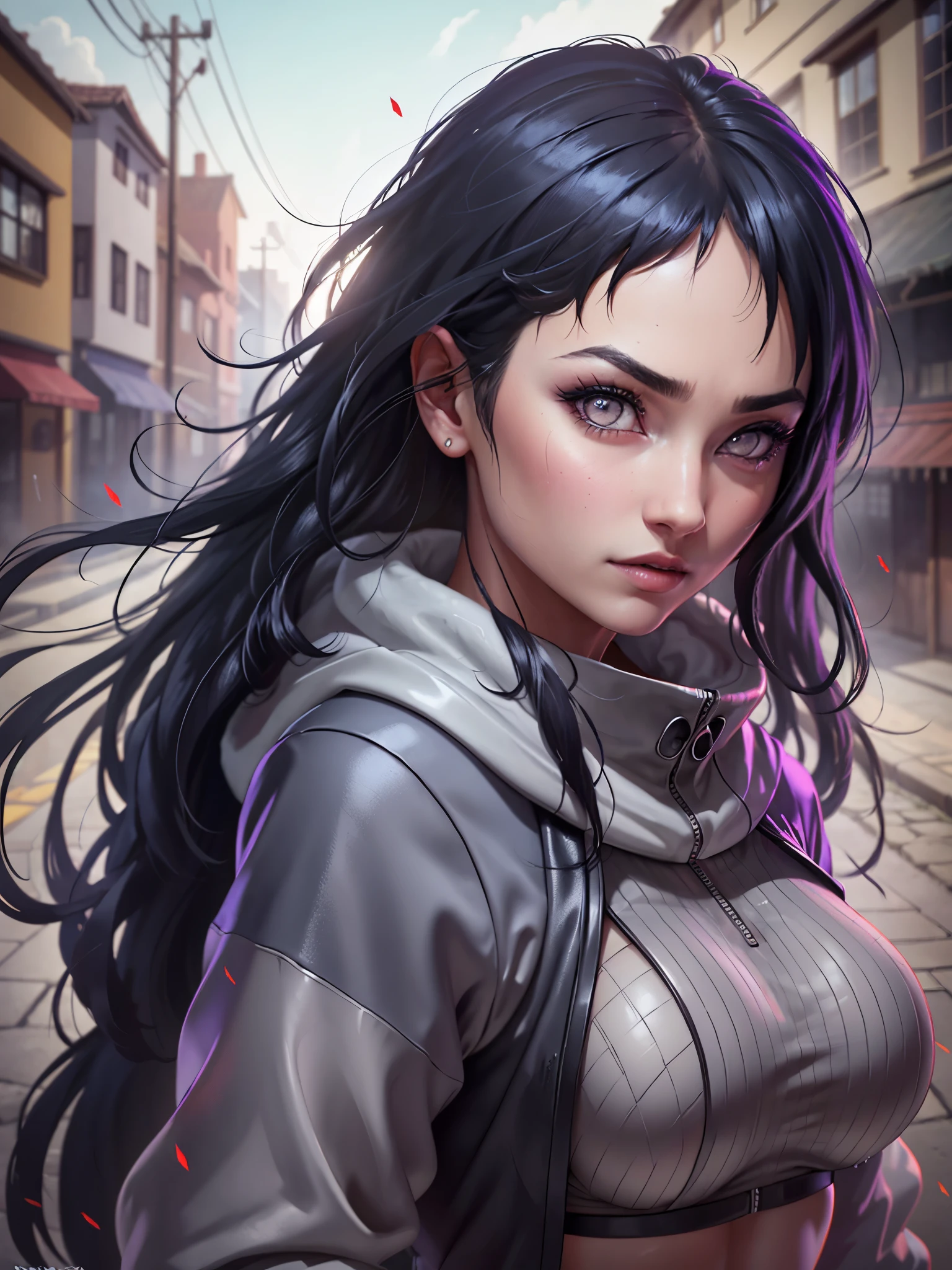 1 Solo, A realistic photograph of a woman with black hair in a very dark version, highlighting the shadows and contrasts, wearing an akatsuki cloak with details in black and red, she is in a dark street at night, with smoke, her hair is wet, colder and darker colors, smoke, dust, dark, horror effect, movie style. O manto está aberto na frente, Decote,  e sexy, ela está usando luvas preta nas mãos, seu cabelo e rosto está molhado, está vestida com o manto da akatsuke, Her skin and clothes are wet. She is facing the camera and she has no mask on her face. She has blood stains on her clothes and she looks older. She has no rain and more smoke. She has long hair and looks very realistic. She has a more futuristic outfit. She has an aggressive pose showing her sharingan eyes. The style is similar to the third photo that I generated for you. She has the longest hair possible. She has no mask and her hair is black and messy. She has black hair. She has a more realistic face like a human woman from the real world. She has a different pose and angle than the previous photos. She has a slightly different expression and lighting than the previous photos.