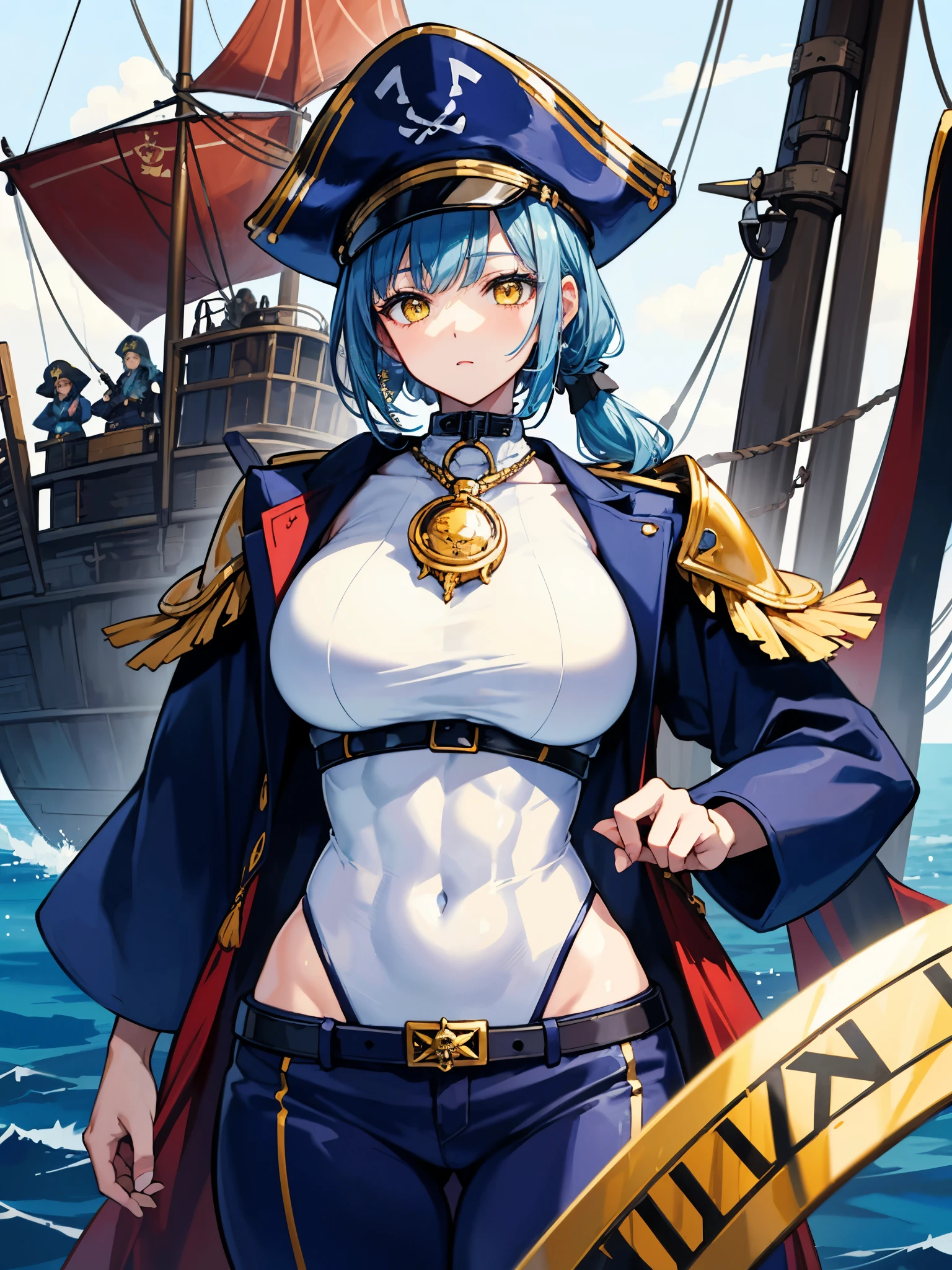 （（（masterpiece、Highest image quality、highest quality、highly detailed unity 8ｋwallpaper）））、（（Illustration of one girl、upper body））、（（（beautiful girl）））、（female pirate）、（Light light blue hair、short ponytail：1.2、yellow eyes）、（（tall））、（（（muscle girl, muscle, bulky figure, massive frame, thick neck, sturdy arms, powerful legs）））、（captain&#39;s suit、Pirate hat、Blue coat）、Pirate ship deck