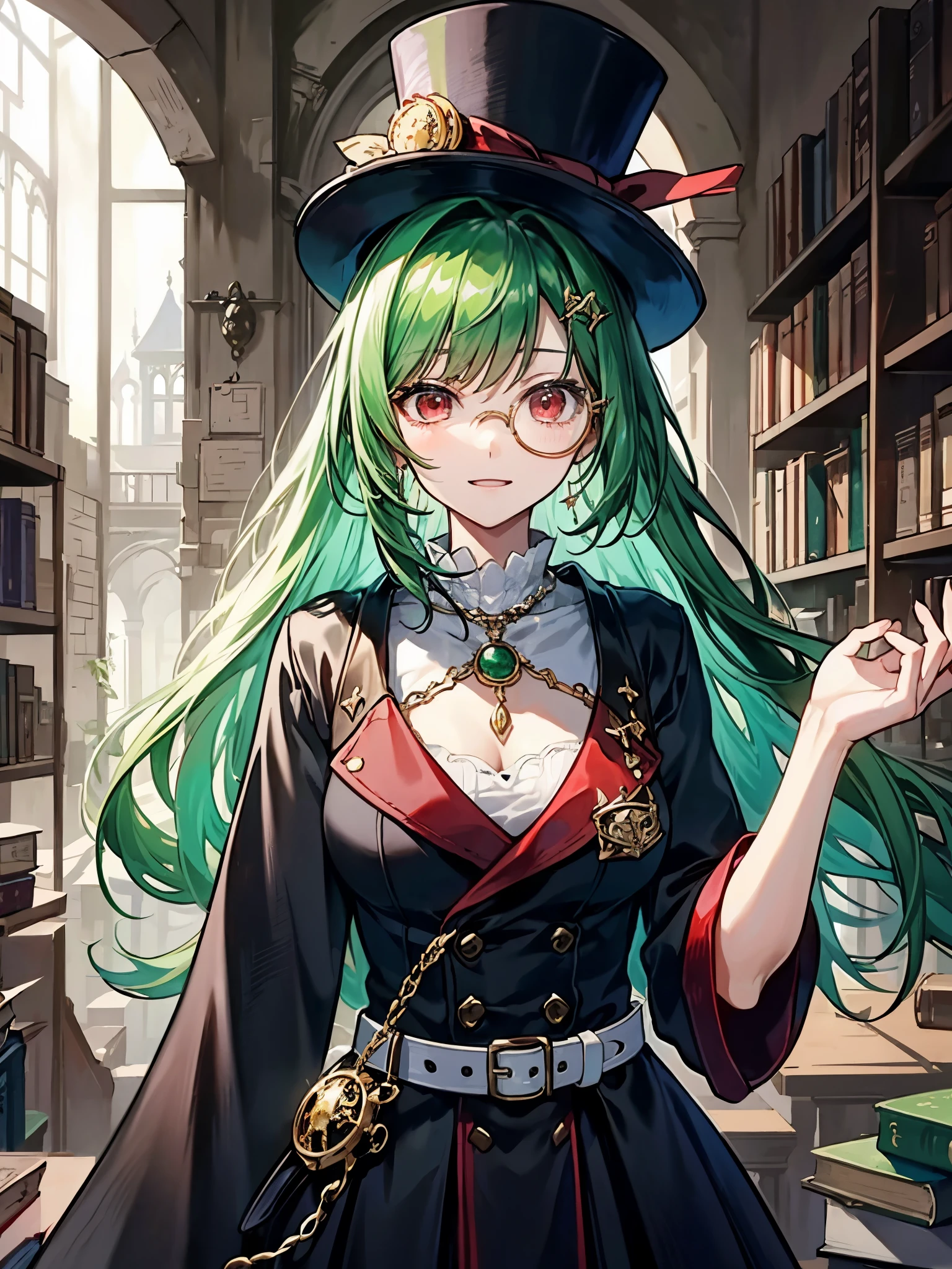 (((masterpiece、Highest image quality、highest quality、highly detailed unity 8kwallpaper)))、((Illustration of one girl、upper body))、(((beautiful girl)))、(librarian)、(Emerald green hair、messy hair、sidelocks:1.2、red eyes、crazy smile)、(((flat chest)))、(((monocle)))、pocket watch、(((Black top hat、Black tuxedo、belt)))、great medieval library、Large amount of books