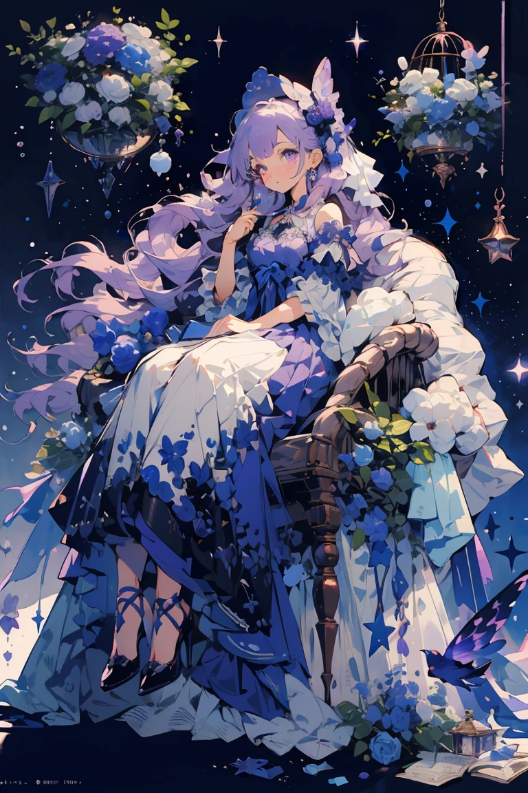 (masterpiece:1.2), best quality,PIXIV,fairy tale girl, 1 girl, purple hair, puple eyes, purple dress, lolita fashion, purple theme