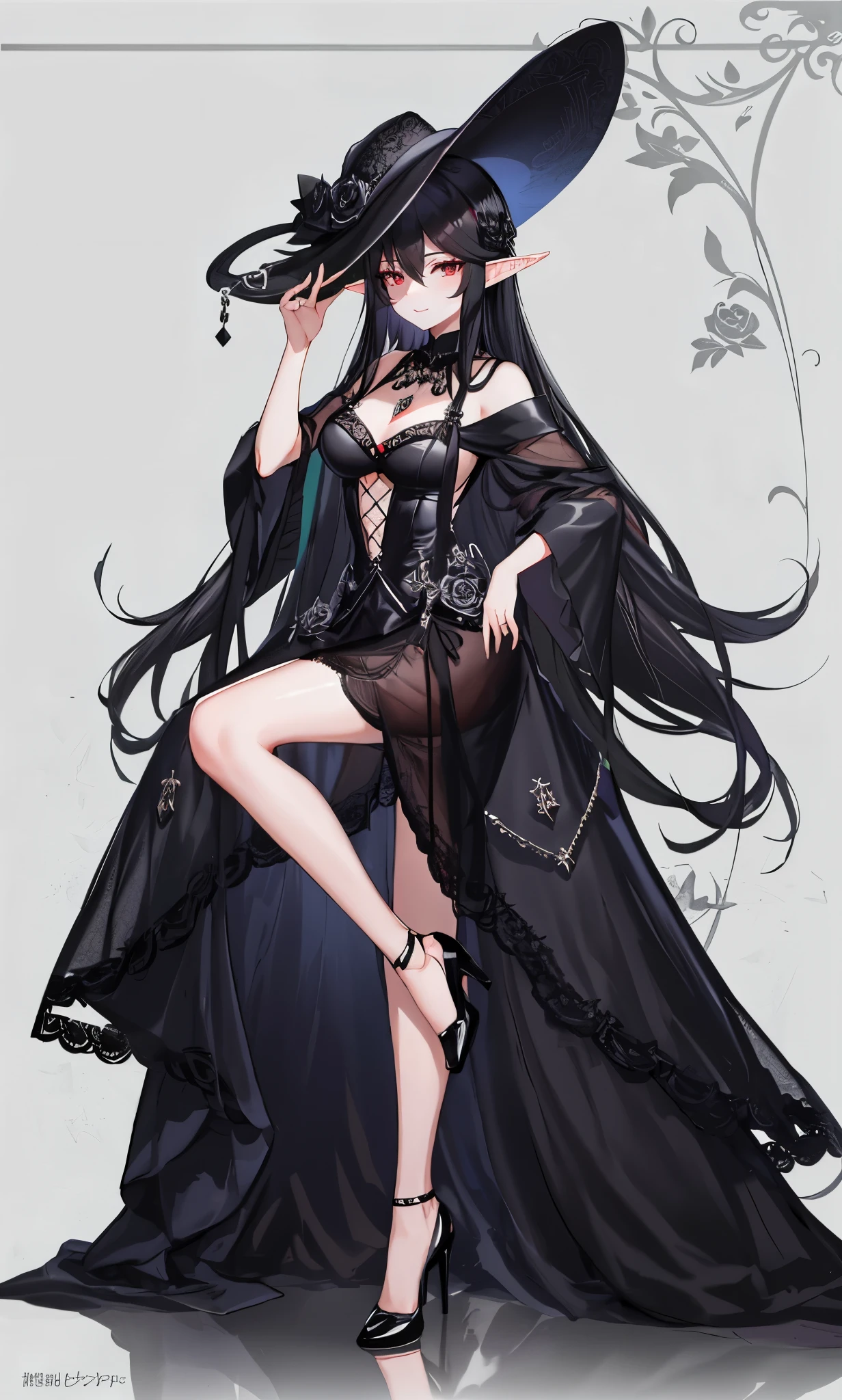 long black hair,close up,dream world,Elf royal sister,long black hair凌乱的发丝,Nice red eyes,Prom hall background,Black rose,grace,Manicure,Huge wide-brimmed black hat,(Black lady hat),necklace,humanoid,Baroque, Her skin is very white, fair complexion,(Black lace long dress,Black lace suspenders),pointed toe high heels,