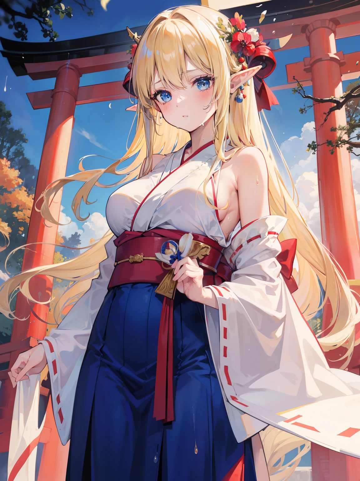 masterpiece, 8K, highest quality,girl,, delicate hands,slender,blonde,long hair,straight hair,beautiful hair,blue eyes,big breasts,,elf ears,,Wet with sweat,shrine maiden,hakama,torii,,