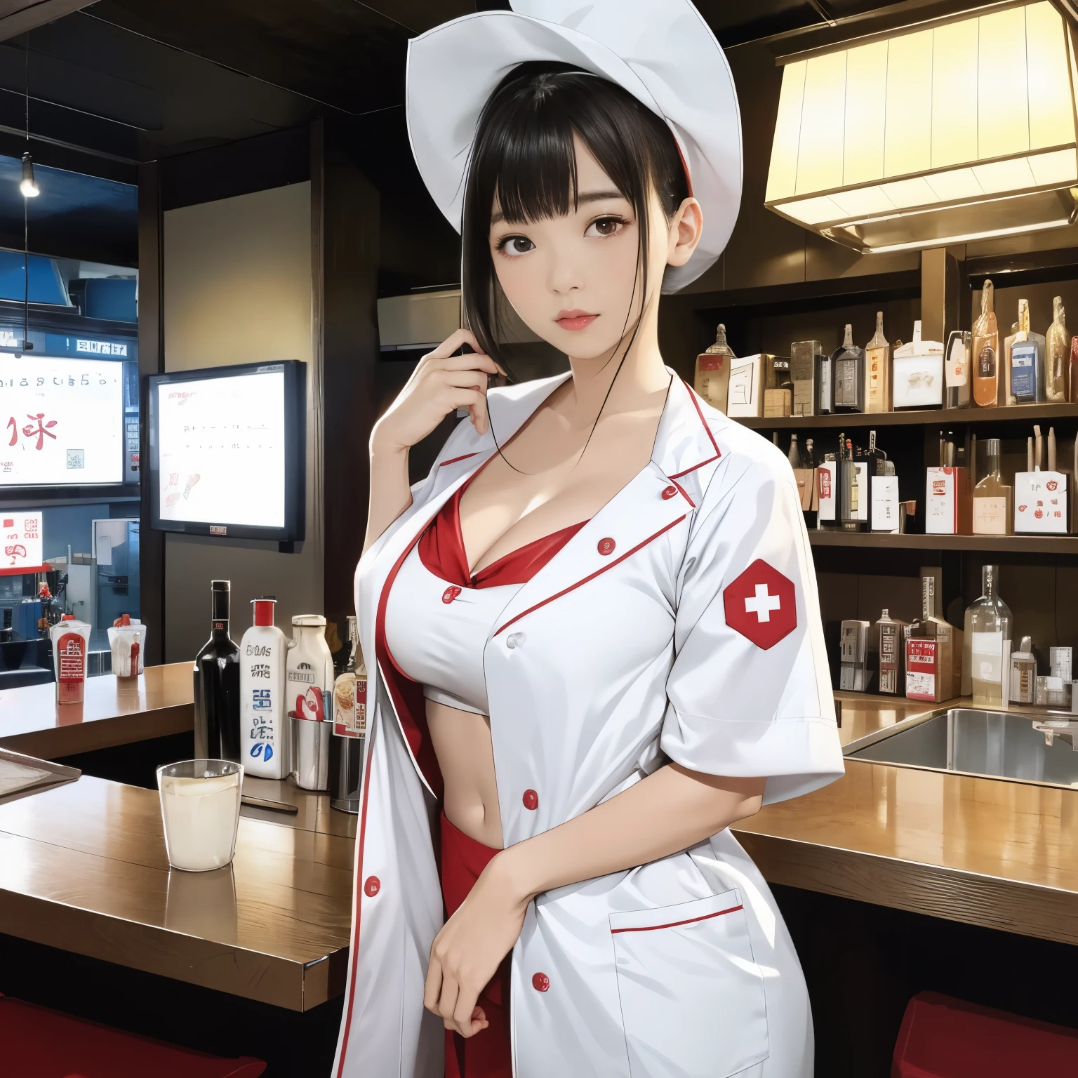 Full body portrait, 8K quality, masterpiece, live action, real human feel, realistic skin texture, natural skin, Japanese woman wearing a sexy nurse uniform made of enamel material behind the counter of a bar at night A nurse cap that shows her underwear, clothes that show her navel, cleavage, long black hair, bangs, and movie-like lighting.