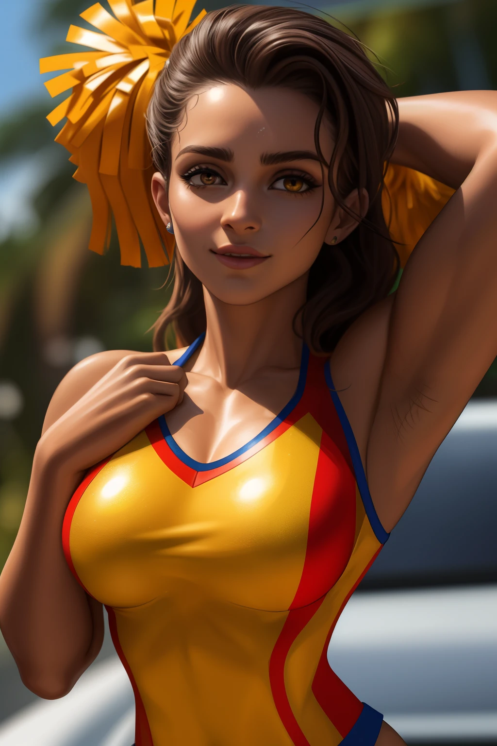 Realistic (sexy beautiful female superhero ,(green eyes) (, brown hair, long braided French braid, red sleeveless crop shirt, with a golden Star, midriff wears (a golden tiara with a red gem on forehead) , golden bracelets, long red boots, and small red shorts), in a beach relaxings portrait photography by artgerm, in the style of realism, glistening skin, cartooncore, mangacore, natural lighting, Defined full lips. Muscular fitness feminine body