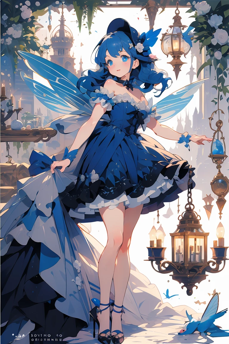 (masterpiece:1.2), best quality,PIXIV,fairy tale girl, 1 girl, blue hair, blue eyes, blue dress, lolita fashion
