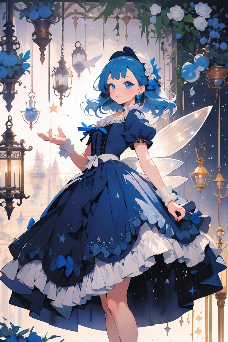 (masterpiece:1.2), best quality,PIXIV,fairy tale girl, 1 girl, blue hair, blue eyes, blue dress, lolita fashion