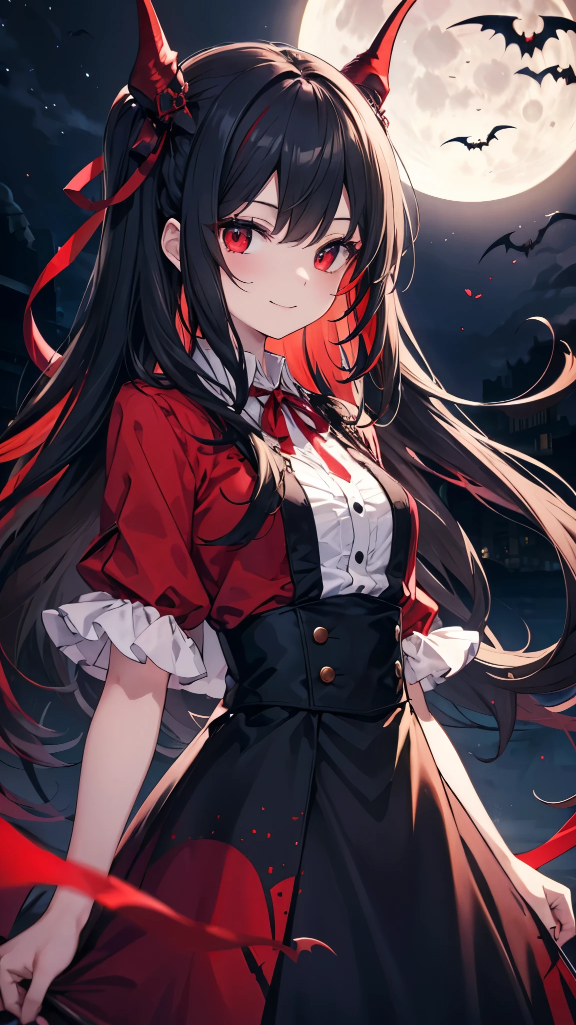 vampire costume:1.2, black hair, red streaked hair, smile, moonlit night, red ribbon, red eye, red flash, long hair