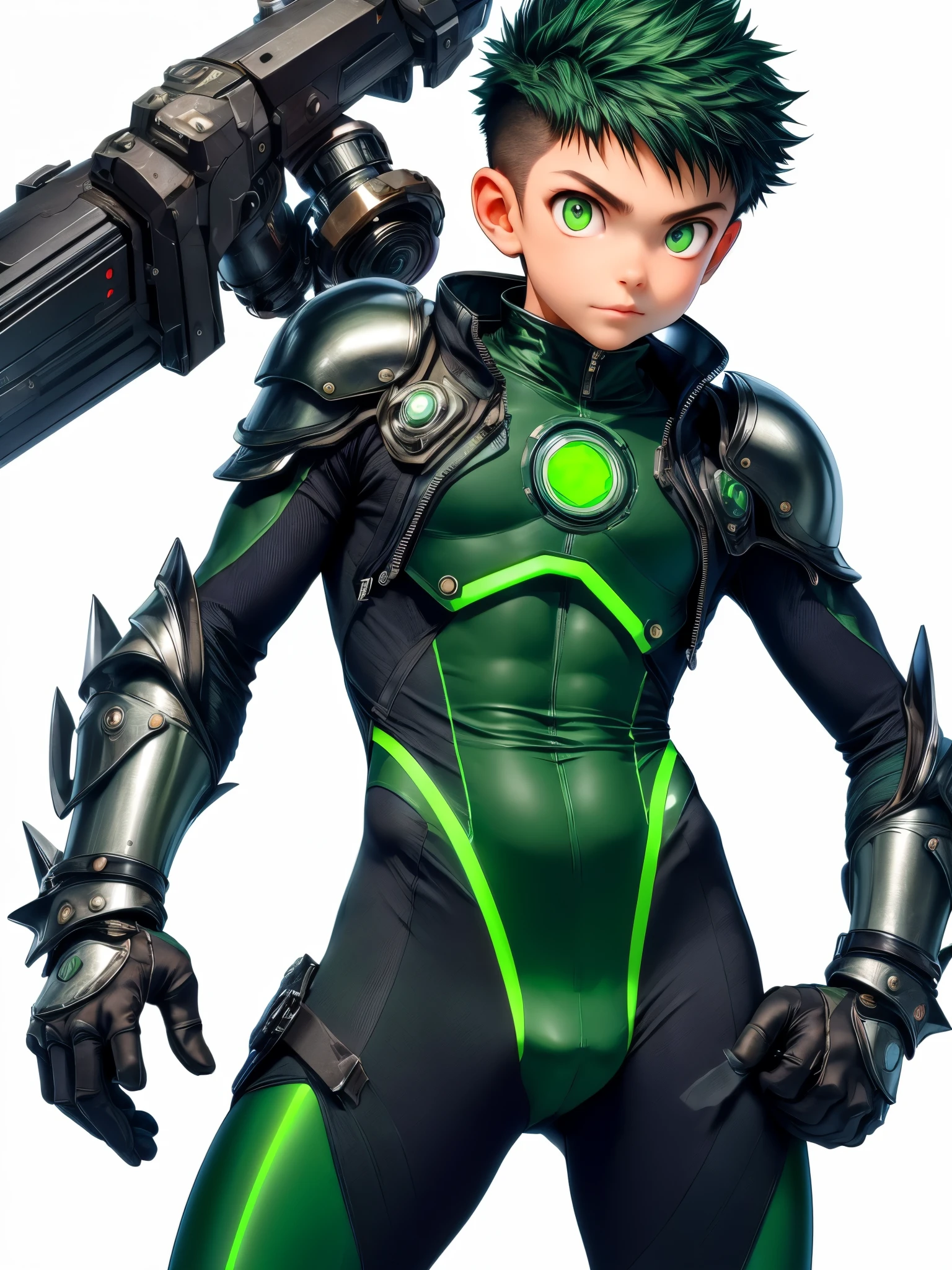 cowboy shot, ((no hat:1.3)), ultra-detailed , master piece , best quality , (no background:1.3) , no gun , Clear border with the background、1 boy, 13 years old、anime style、taller than life、big dark green eyes、silver short spike hair, Crew Cut Hair, (Cyberworld:1.3) , (Has a dark green laser sword:1.2) , intellectual, Sophisticated futuristic design elements, Complex network of circuits and processors, shiny skin, sharp, perfect body beauty, Perfect body with realistic shading, (cute baby face:1.2),("body suit, tech wear,":1.2),("leggings , armor":1.1),("glove, armor":1.1 ),(tech wear)(dynamic pose:1.2), thigh , 